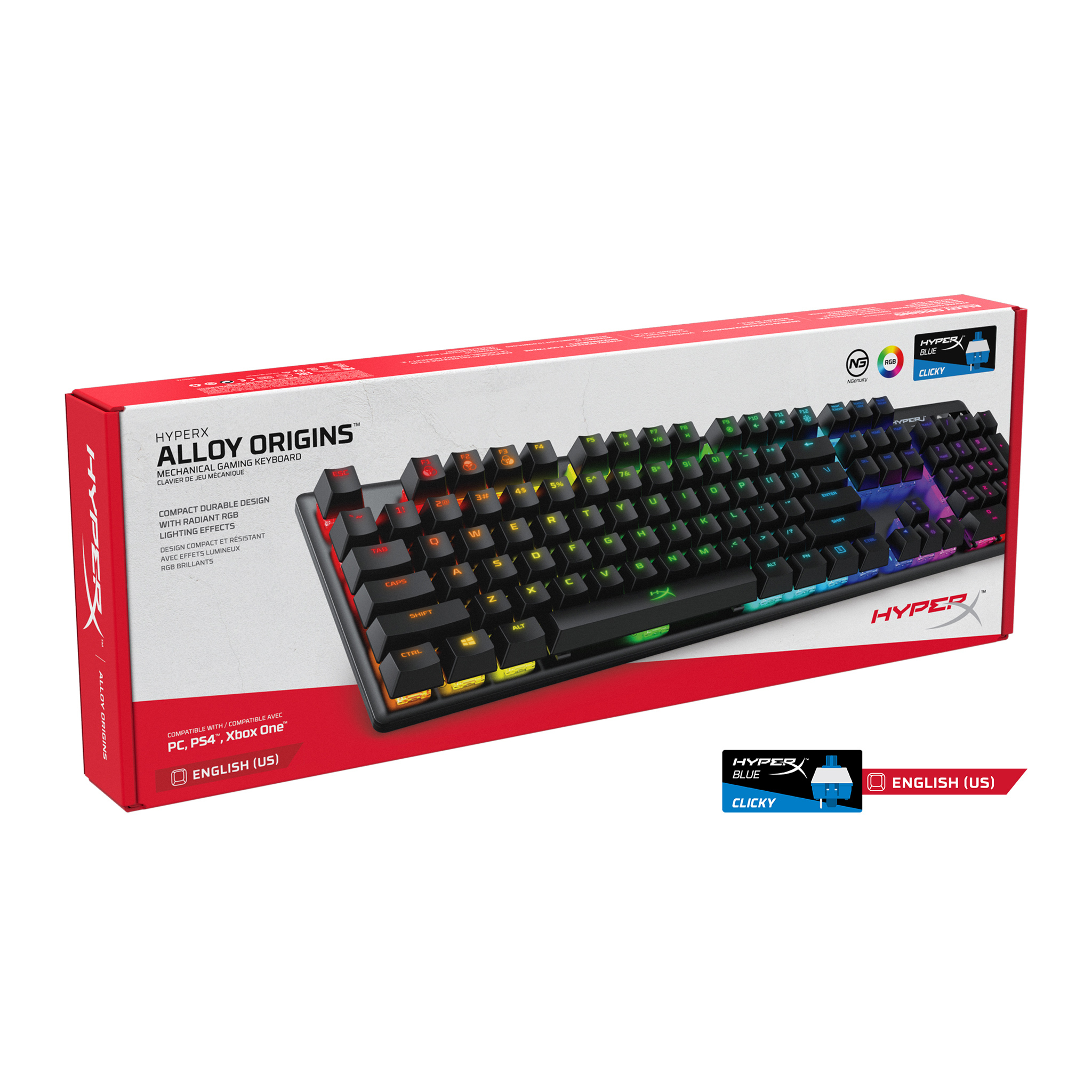 Pudełko klawiatury mechanicznej do gier HyperX Alloy Origins. Posiada czarną klawiaturę z podświetleniem RGB i czerwone pudełko.