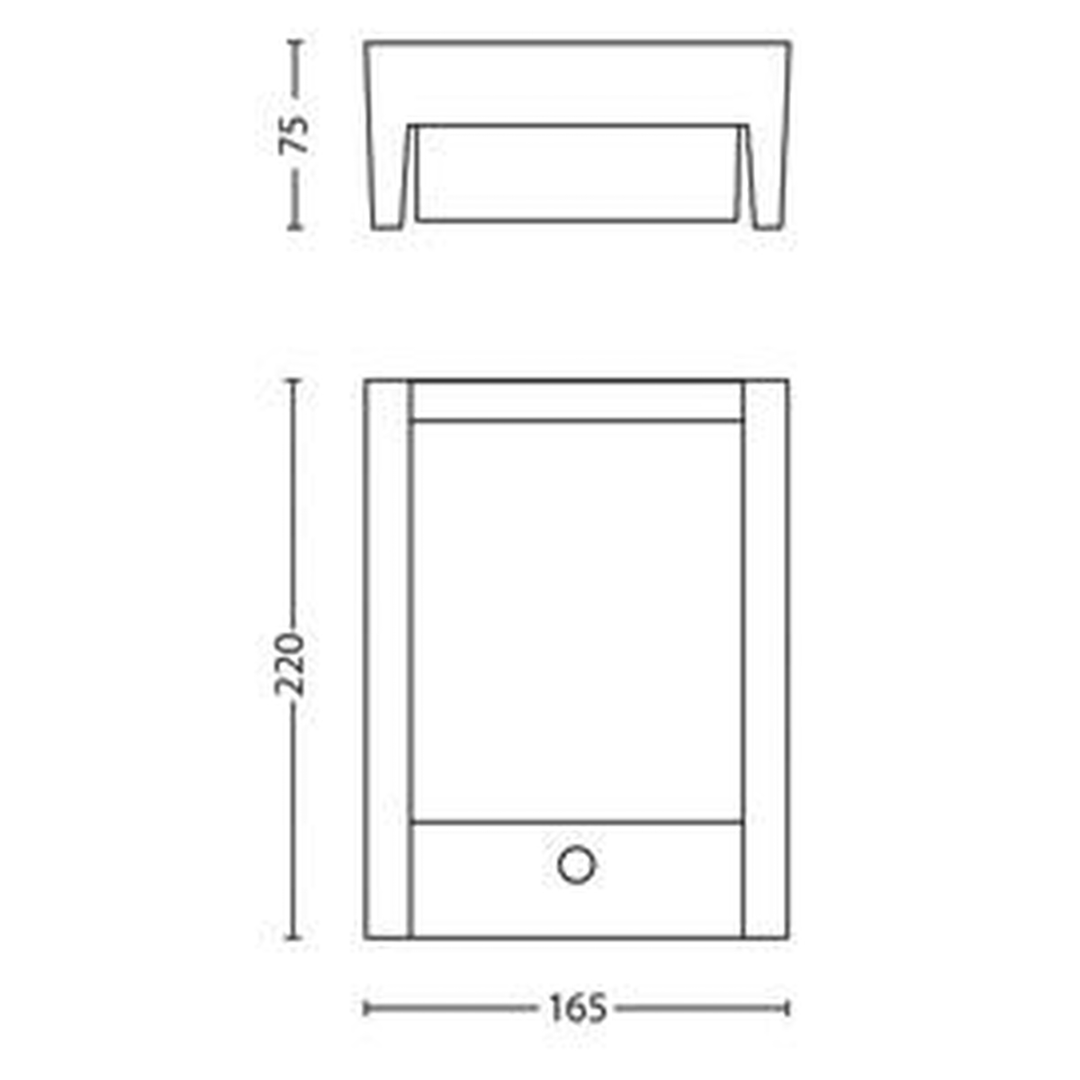 Technische Zeichnung einer rechteckigen Lampe. Abmessungen: 75 mm Höhe, 220 mm Länge und 165 mm Breite.