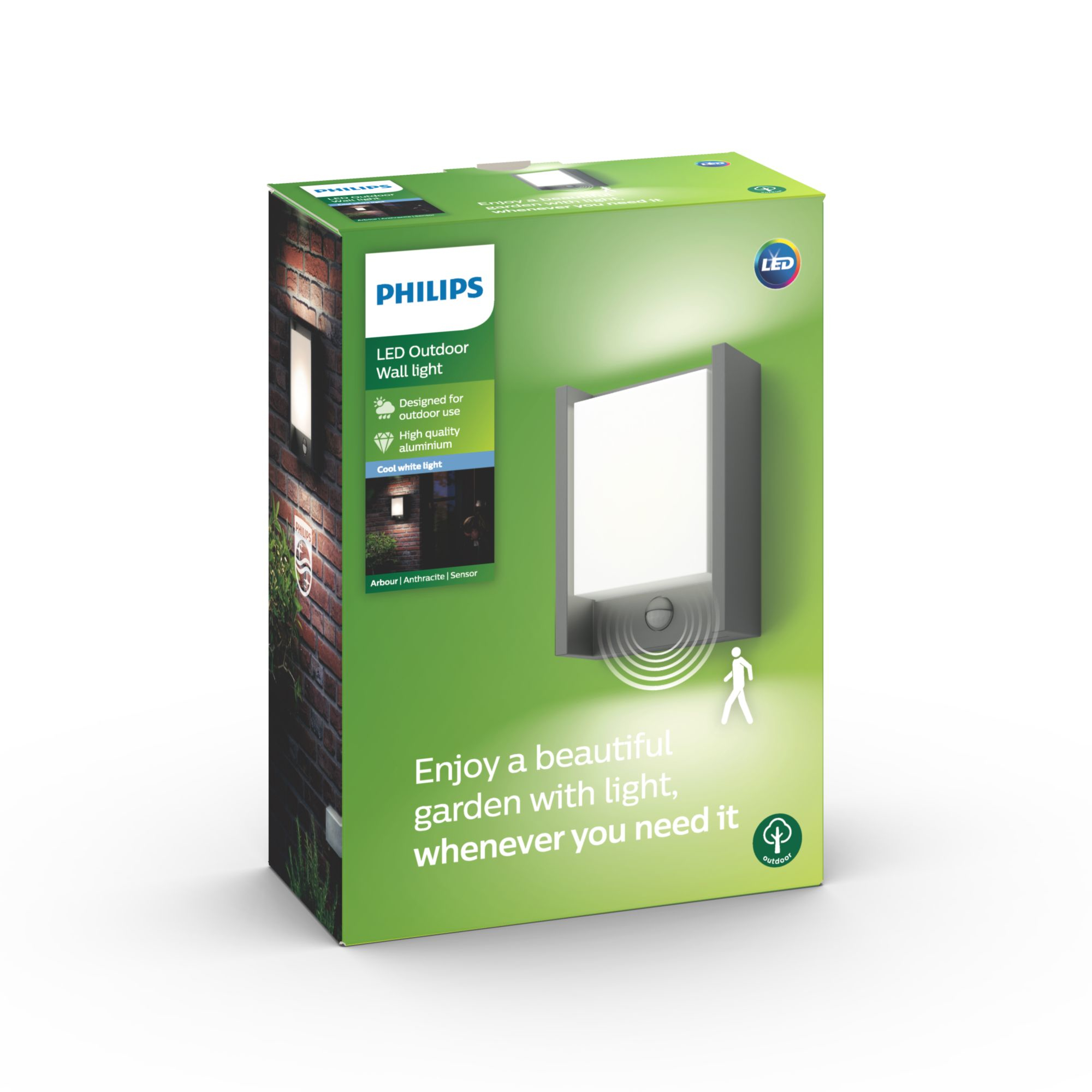 Karton mit einer Philips LED-Außenwandleuchte. Die Schachtel ist grün mit Produktdetails und einem Bild der Leuchte.