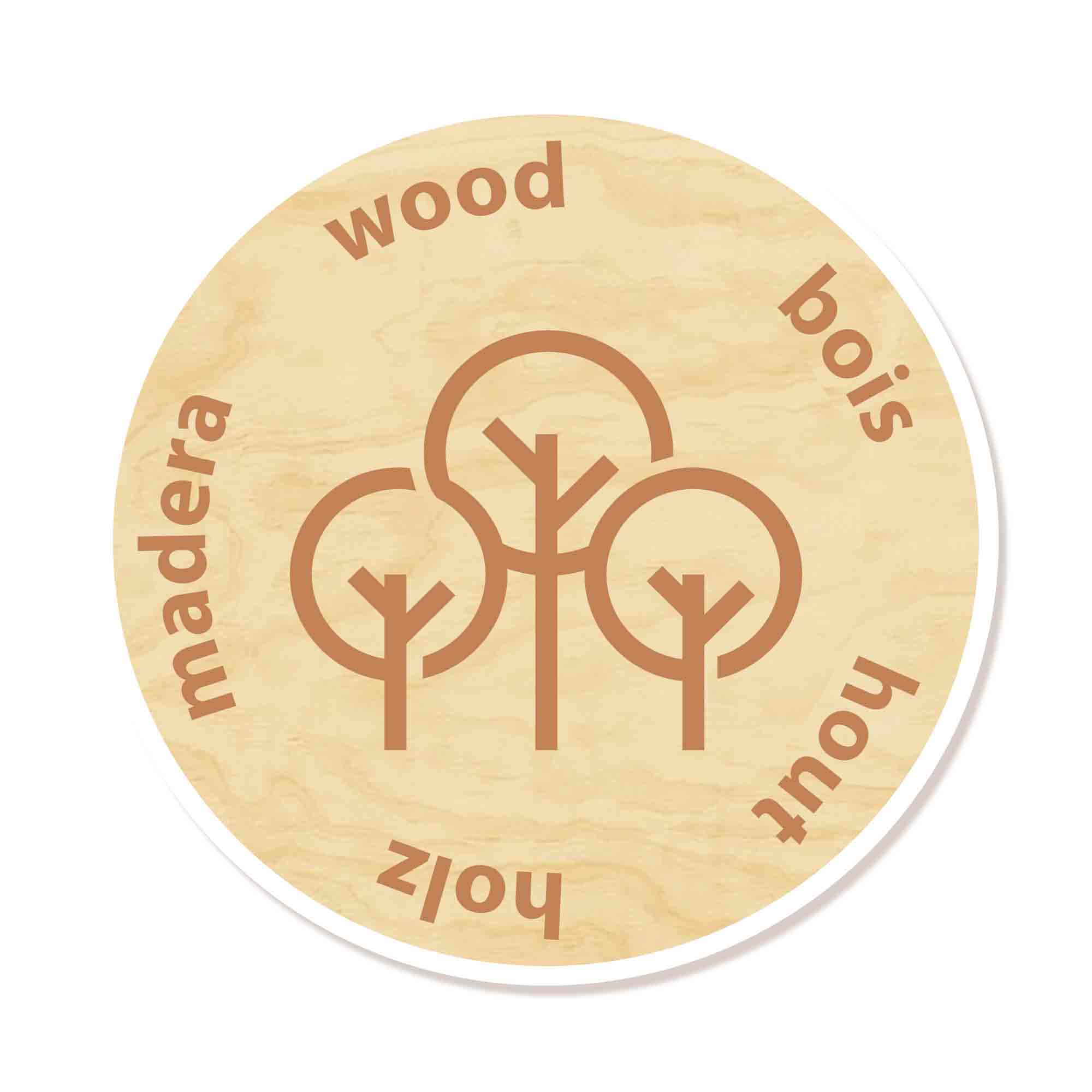 Un cartello rotondo in legno presenta alberi marroni e le parole per 'legno' in diverse lingue.