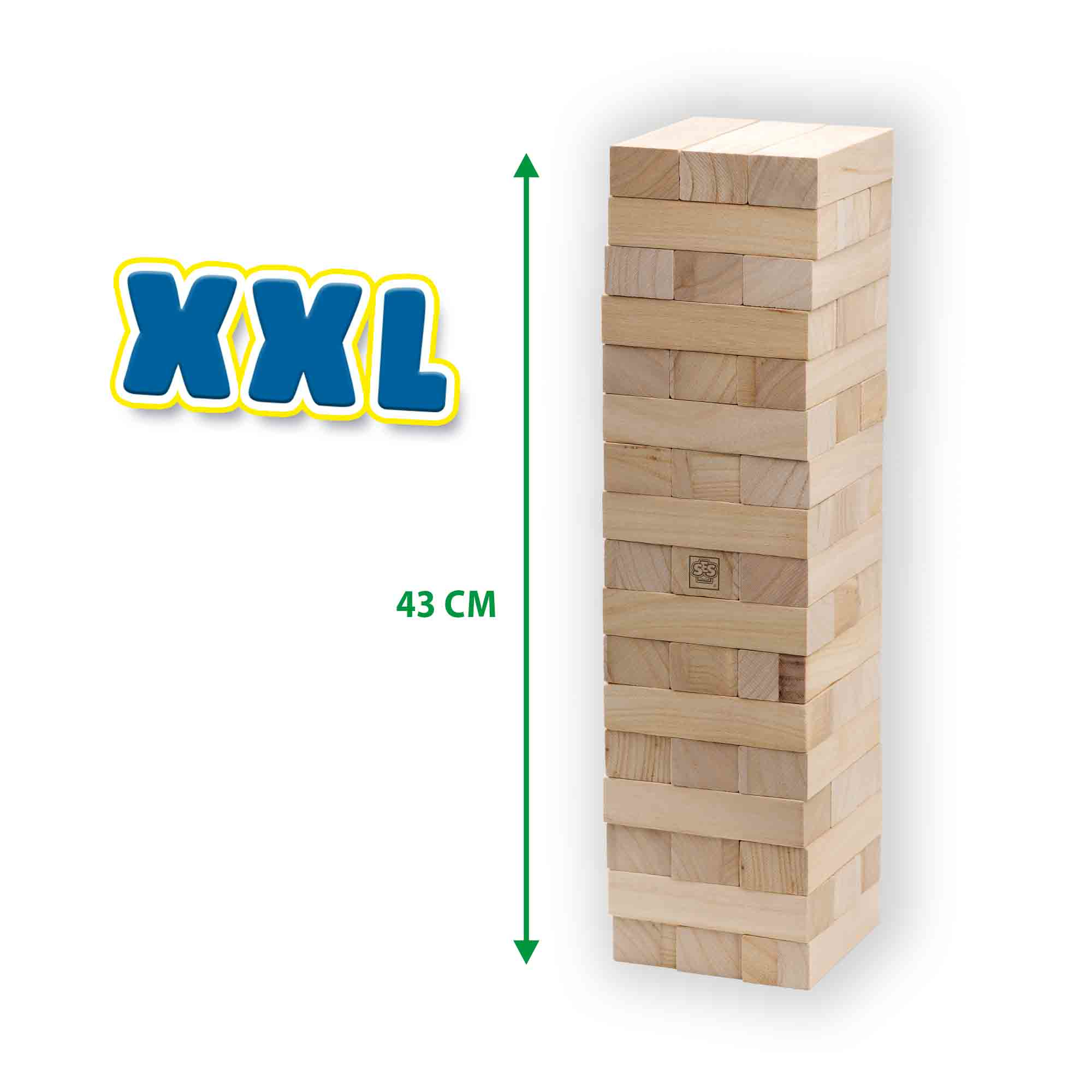 Un gioco di blocchi di legno XXL con una torre di blocchi, una freccia verde che mostra 43 cm e la parola XXL in blu.