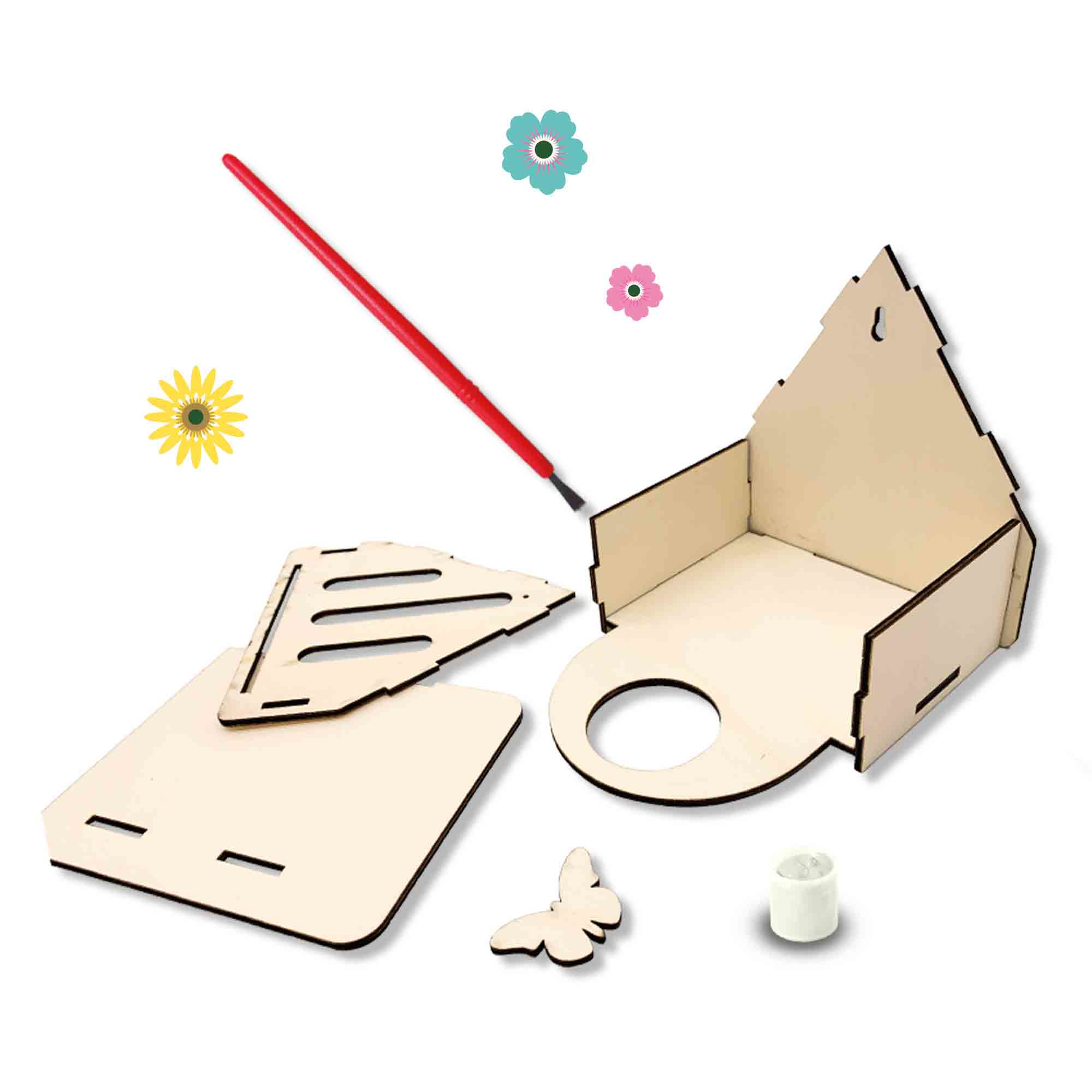 Kit de manualidades de madera: piezas de caja, pincel, flores, mariposa y vela. Elementos sobre fondo blanco.
