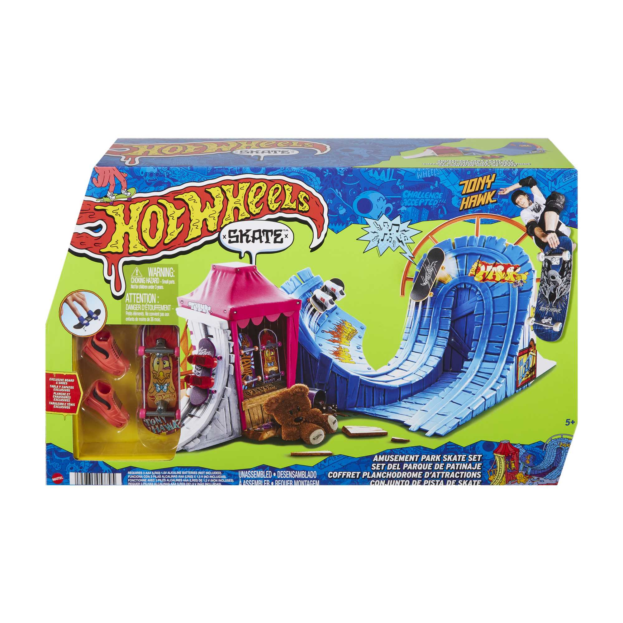 Set de Hot Wheels Skate con rampas, monopatines en miniatura y una figura de Tony Hawk en la caja.