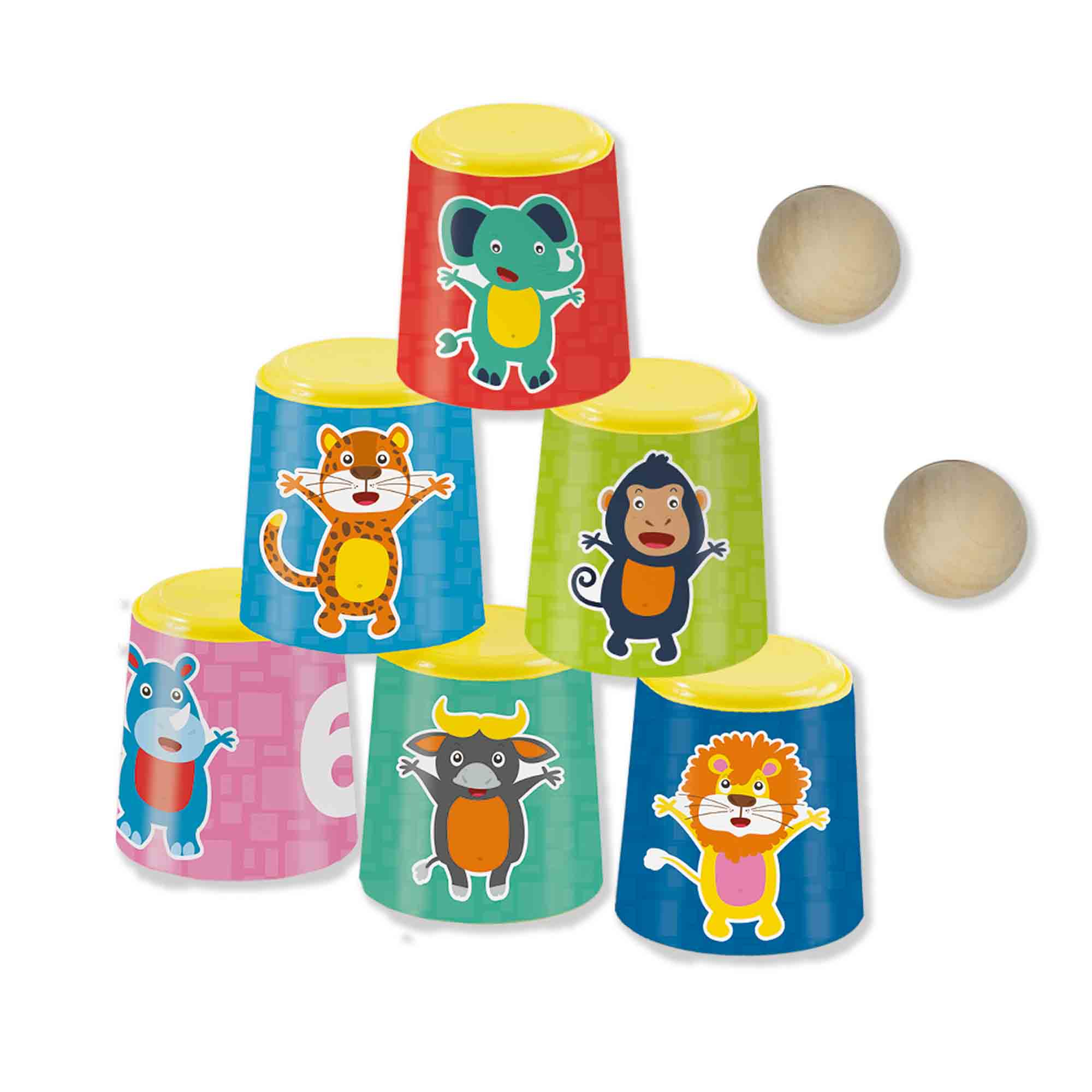 Juguete apilable con caras de animales. Seis tazas apiladas, con dos bolas de madera. Animales: elefante, tigre, mono, león, rinoceronte, toro.