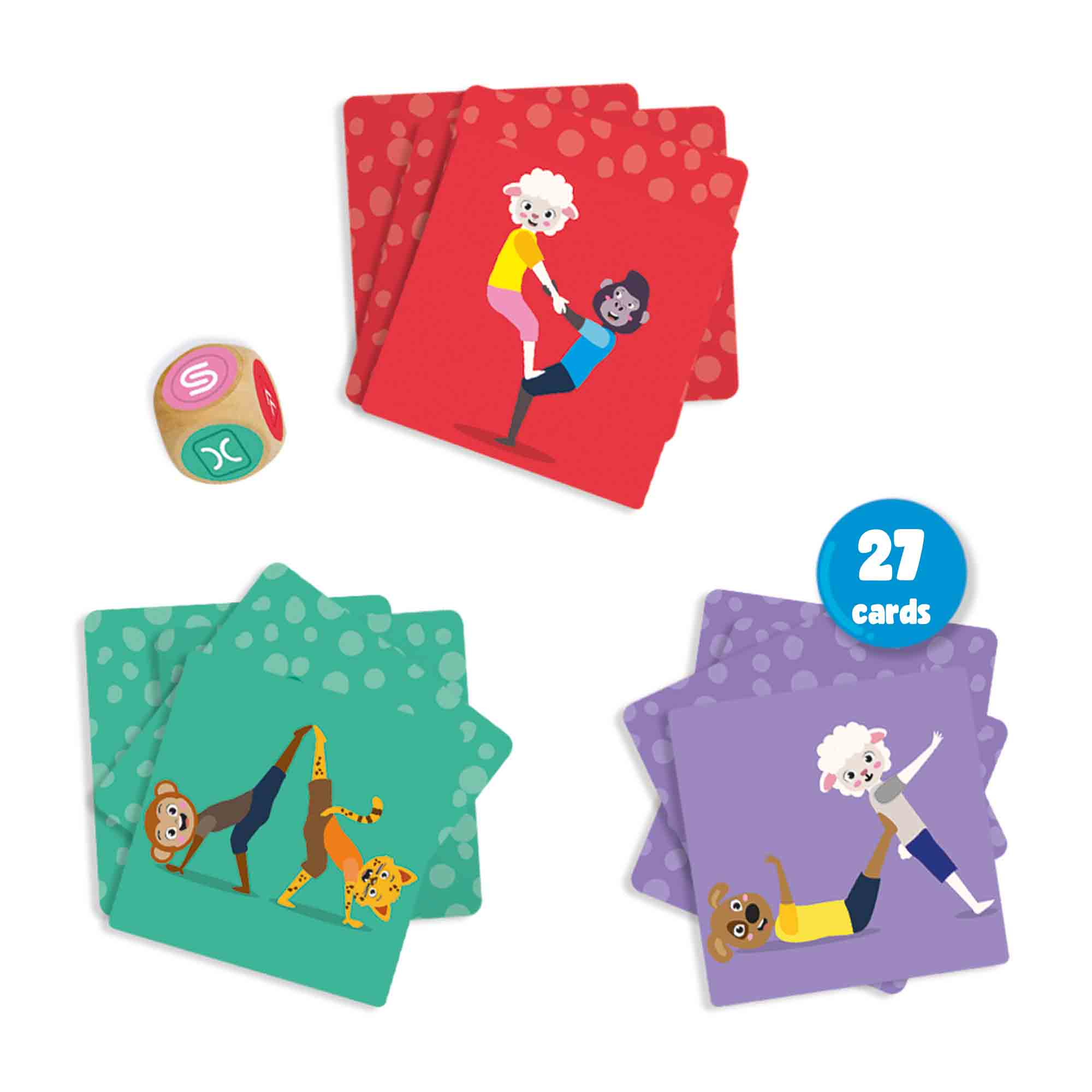 Gioco con carte che mostrano animali in posizioni yoga, dadi e un'etichetta '27 carte'.