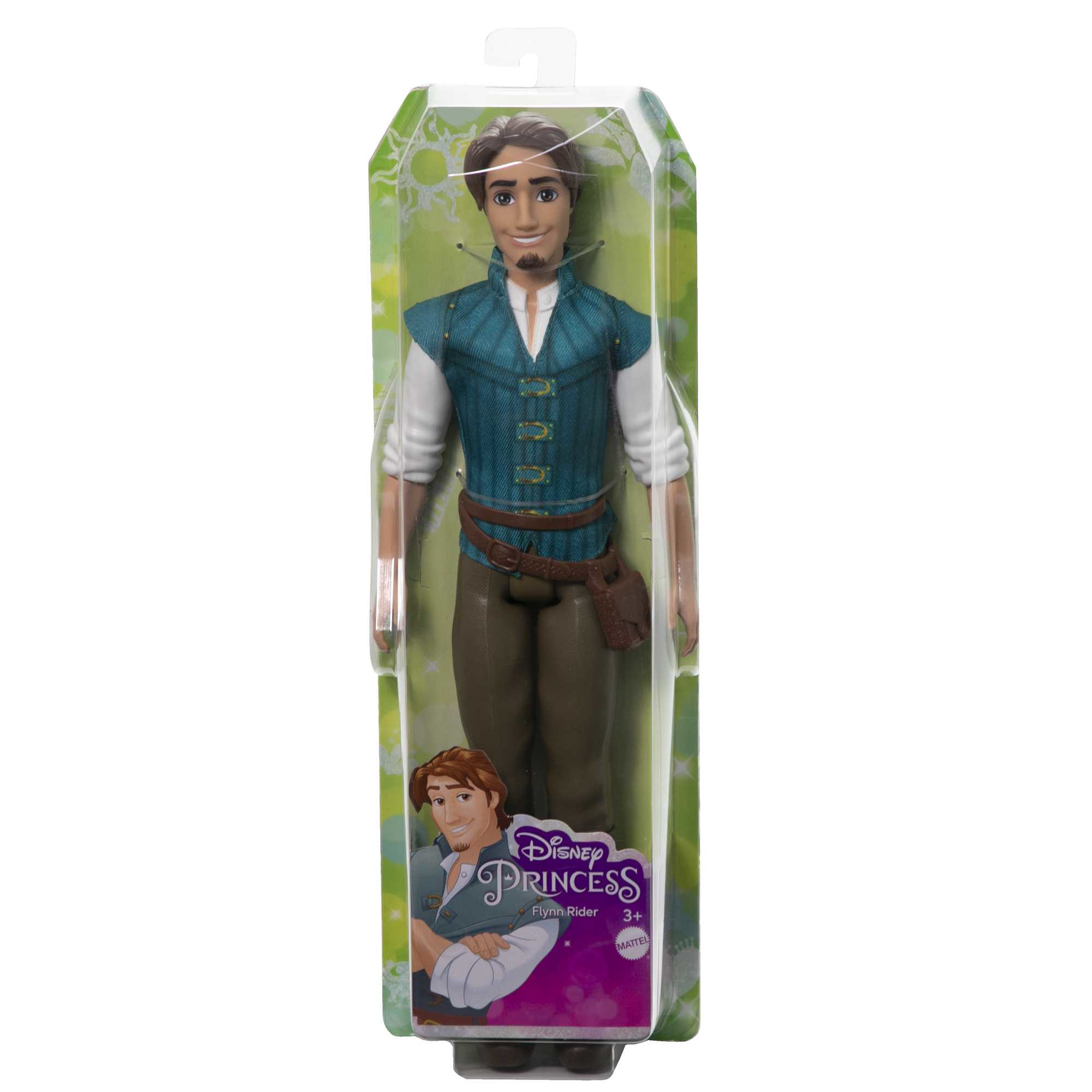 Lalka Flynn Rider w opakowaniu. Nosi turkusową kamizelkę, brązowe spodnie i pasek z torebką. Opakowanie jest zielone.