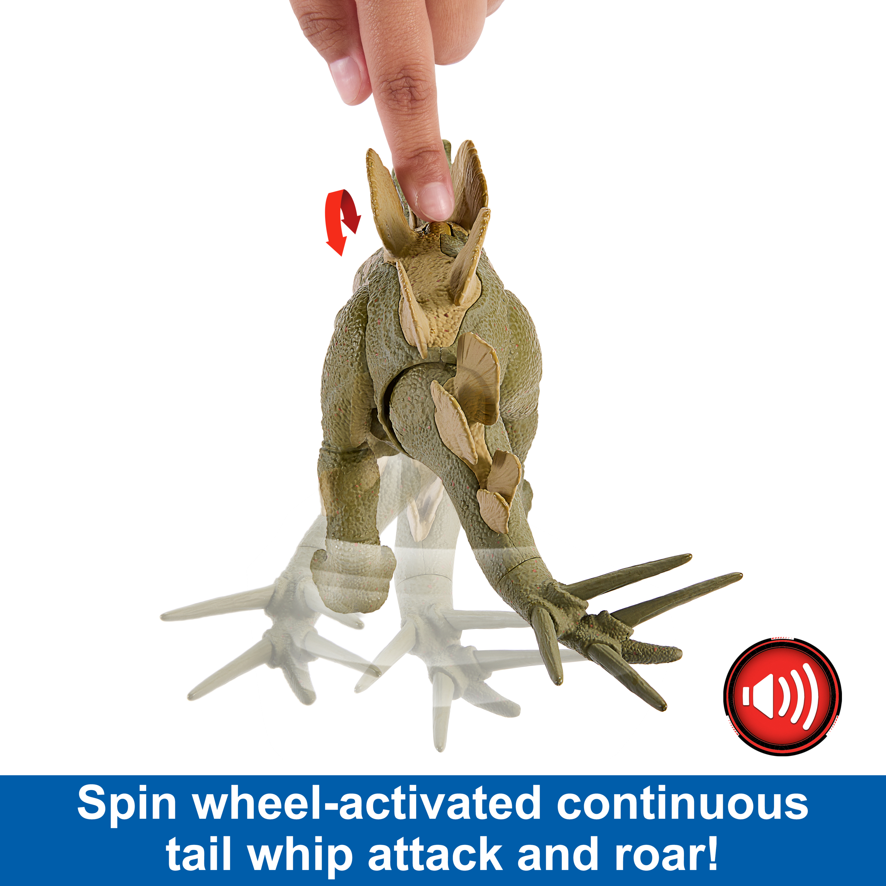 Zielona zabawka dinozaura z palcem naciskającym jego plecy. Ogon zabawki jest animowany, a ikona dźwięku jest obecna.