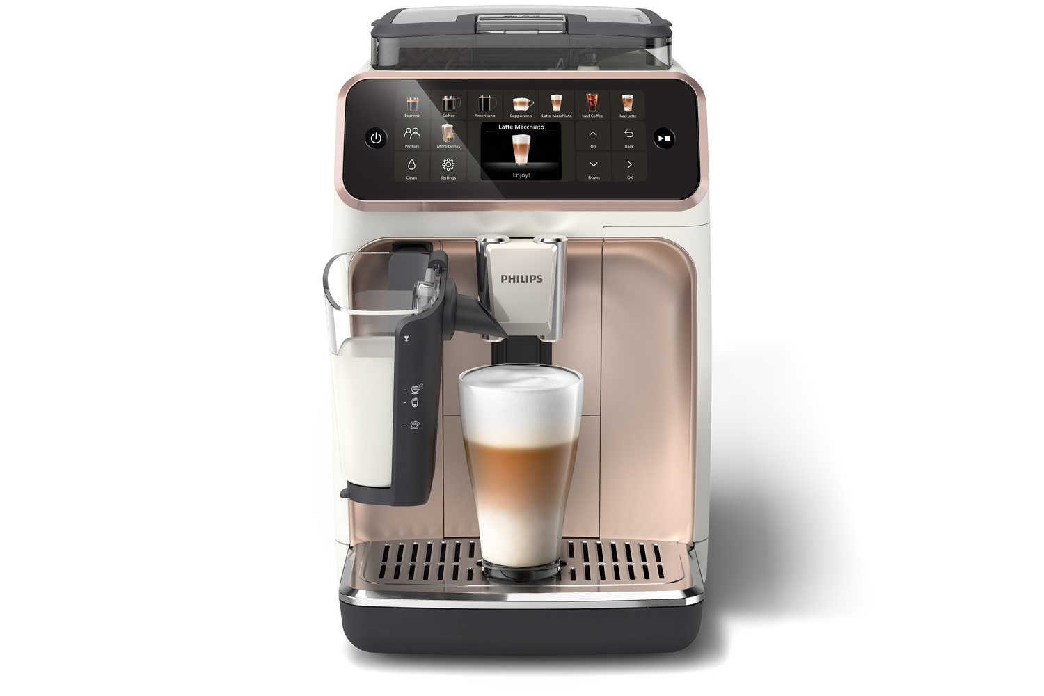 Bir Philips Latte Macchiato kahve makinesi. Dokunmatik ekranı, süt kabı ve katmanlı kahve içeren bir bardak vardır. Beyaz ve pembe altın.