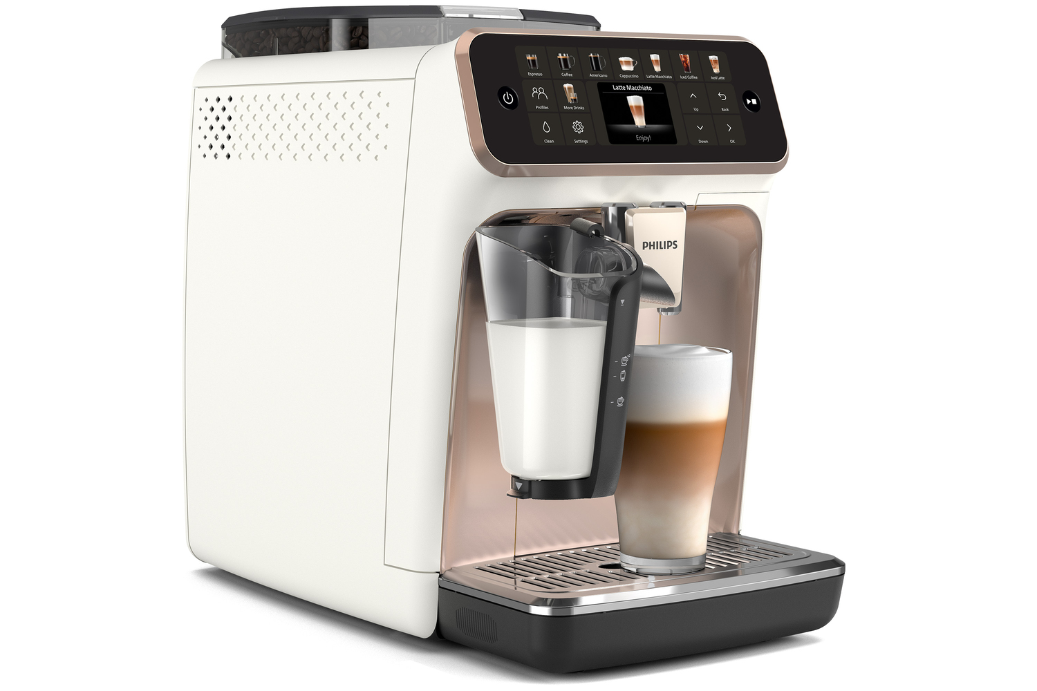 Beyaz ve pembe altın rengi bir Philips kahve makinesi latte macchiato yapıyor. Solda bir bardak süt var.