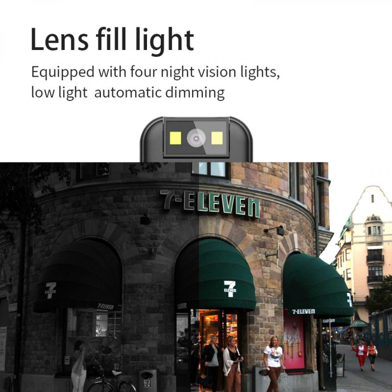 Ein 7-Eleven-Geschäft mit Leuten draußen. Oben steht der Text 'Lens fill light'. Das Bild ist in Farbe und Graustufen unterteilt.