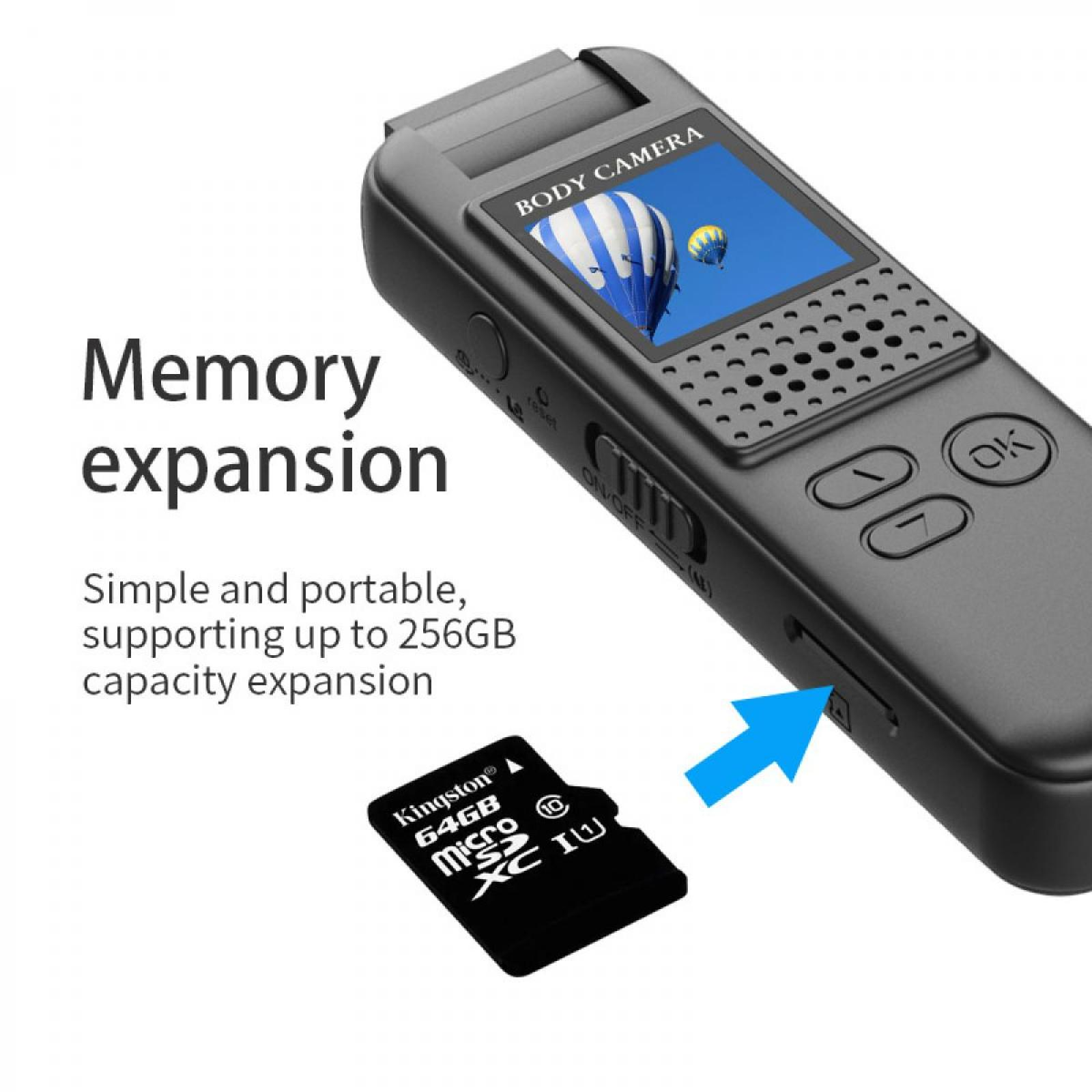 Schwarze Body-Kamera mit Bildschirm, der Heißluftballons zeigt. Daneben eine microSD-Karte mit der Aufschrift Kingston 64GB.