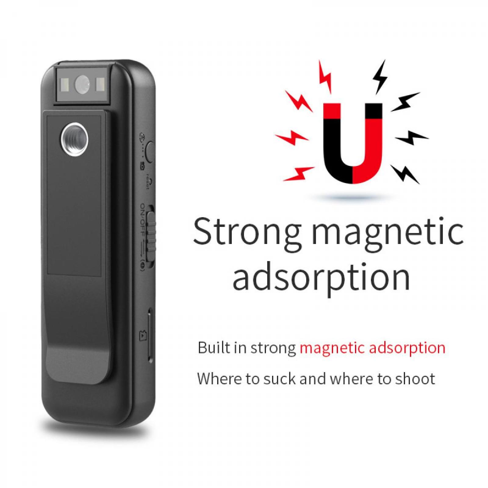 Schwarze rechteckige Kamera mit Clip. Text: 'Starke magnetische Adsorption'. Magnetisches U-förmiges Symbol.