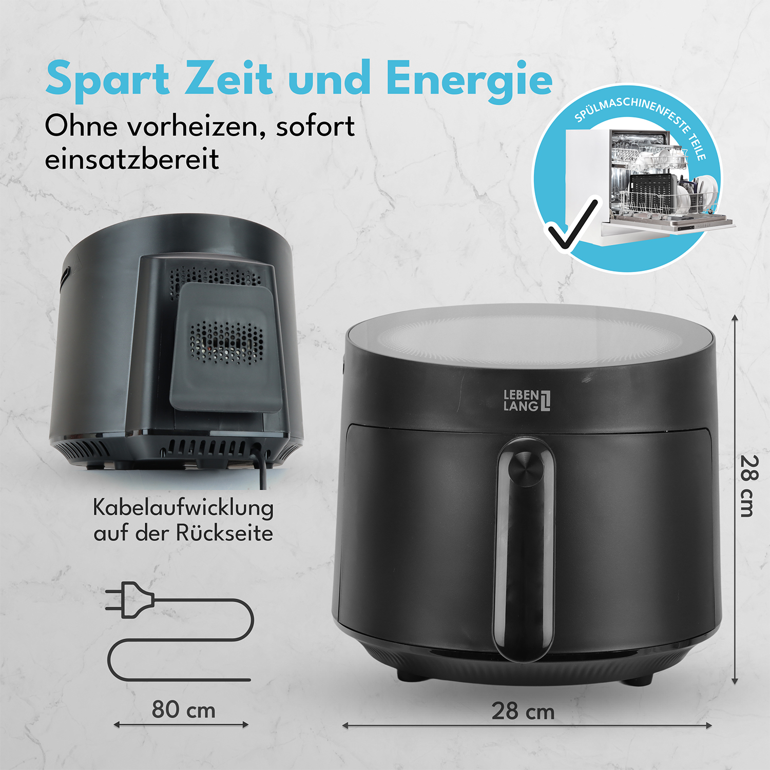 Ein schwarzer Luftfritteuse mit abnehmbarem Teil und Netzkabel. Text: 'Zeit und Energie sparen' und 'Spülmaschinenfeste Teile'.