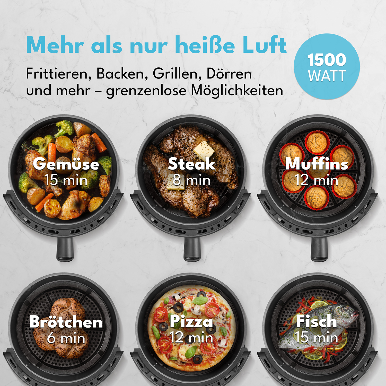 Ein Airfryer mit verschiedenen Speisen: Gemüse, Steak, Muffins, Brötchen, Pizza und Fisch. Kochzeiten werden ebenfalls angezeigt.