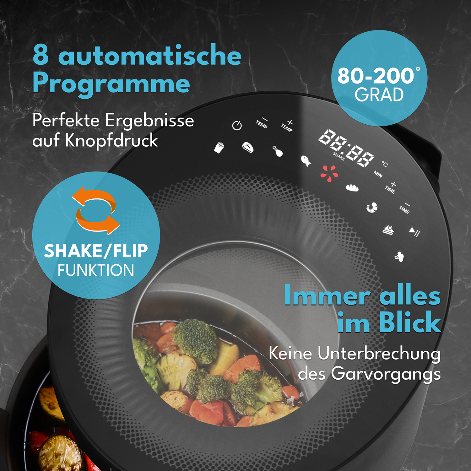 Schwarze Heißluftfritteuse mit Digitalanzeige, die Zeit und Temperatur anzeigt und Gemüse gart. Text enthält '8 automatische Programme'.