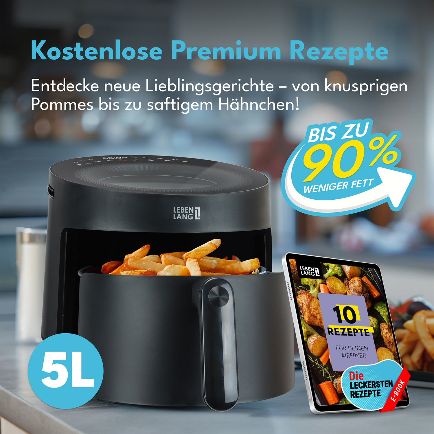 Eine Heißluftfritteuse mit Pommes, ein Tablet mit Rezepten und Text über kostenlose Premium-Rezepte und weniger Fett.