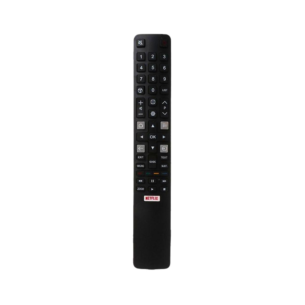 Eine schwarze TV-Fernbedienung mit vielen Tasten, einschließlich Zahlen 1-9, Lautstärke, Kanal und Netflix. Weißer Hintergrund.