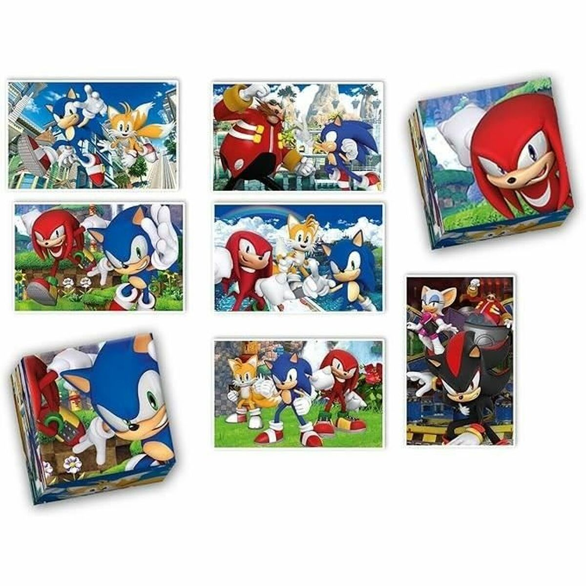 Kolekcja zdjęć Sonic the Hedgehog. Sonic, Tails i Knuckles są prezentowani. Niektóre są na pudełkach, inne to samodzielne obrazy.