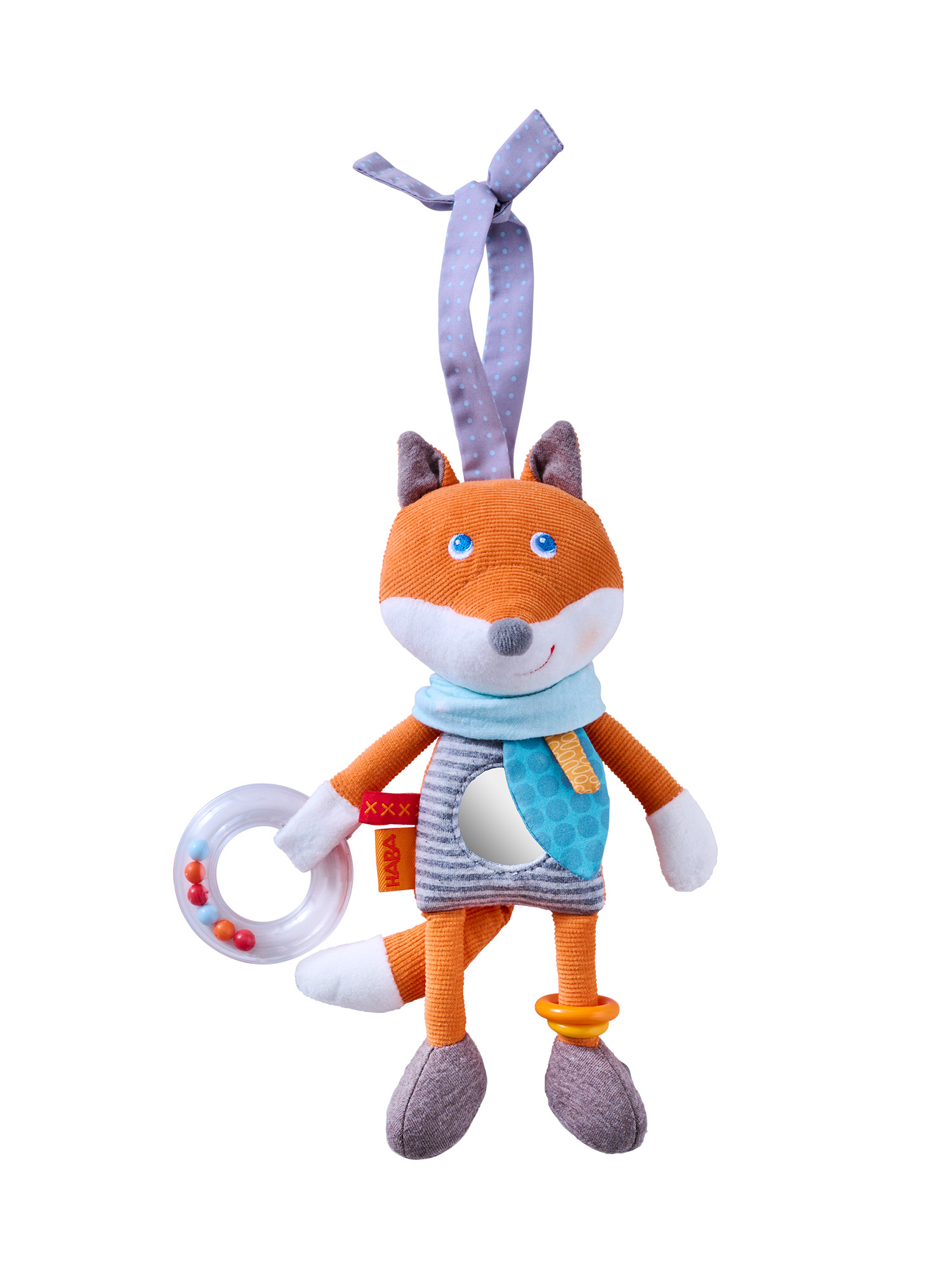 Ein Stofffuchs-Spielzeug mit Rassel. Er hat orangefarbenes Fell, blaue Augen und einen Schal. Er hängt an einem gepunkteten Band.