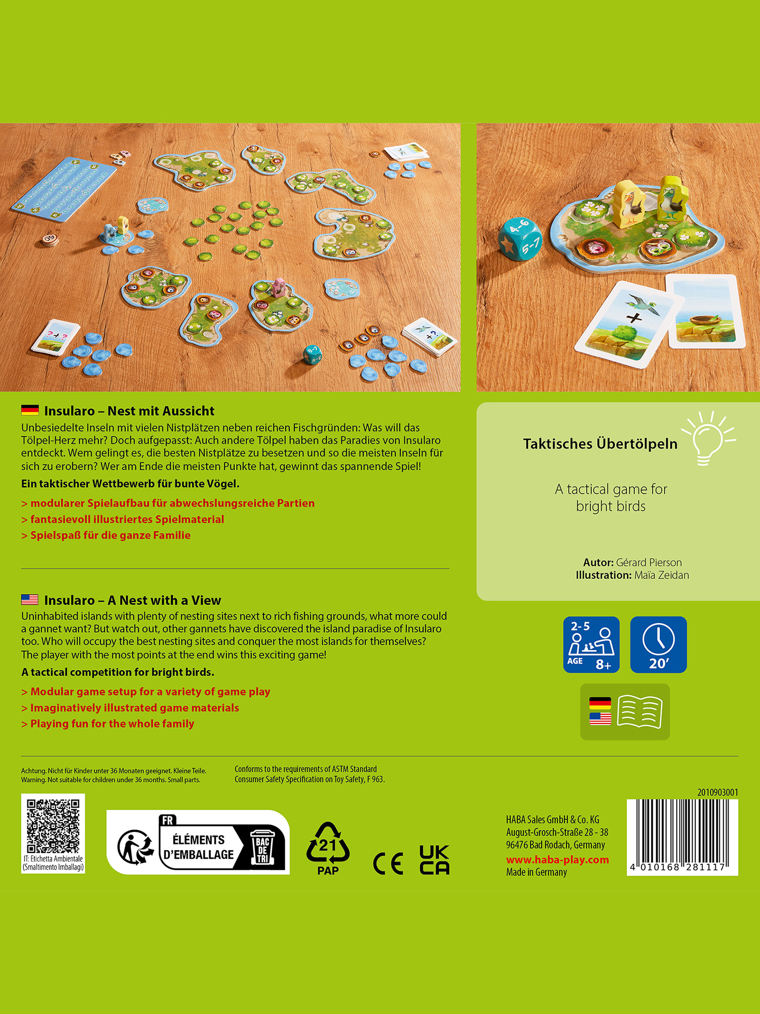 Spielbox mit bunten Spielsteinen, Inseln, Würfeln und Karten auf Holzoberfläche. Das Spiel heißt 'Insularo'.