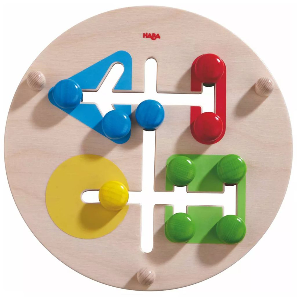 Holzspielzeug mit bunten Formen und Kugeln. Blaues Dreieck, rotes Rechteck, gelber Kreis und grünes Quadrat. HABA-Logo.