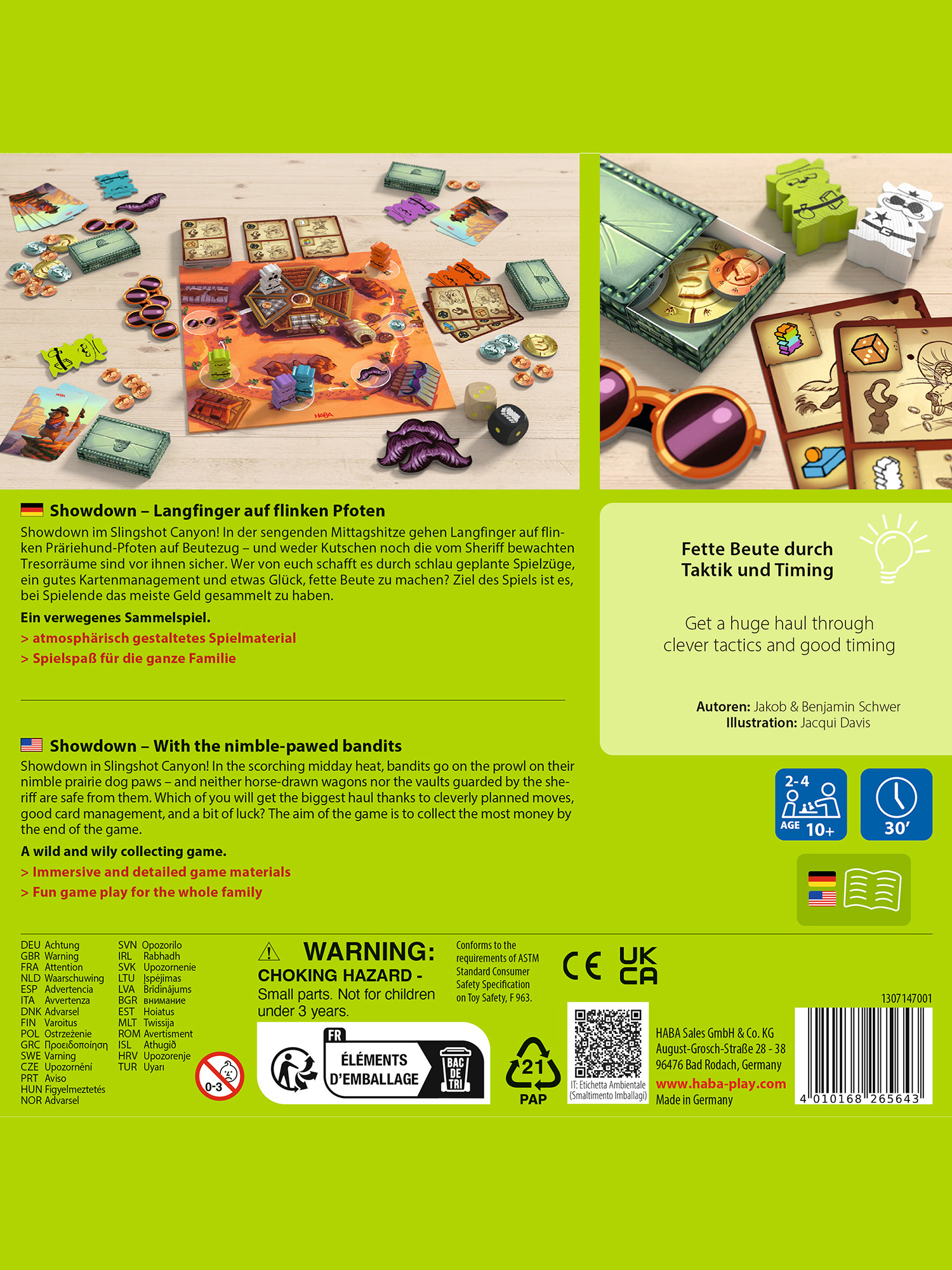 Brettspielbox mit Spielsteinen. Enthält Karten, Würfel und Spielfiguren. Buntes Design mit Text.