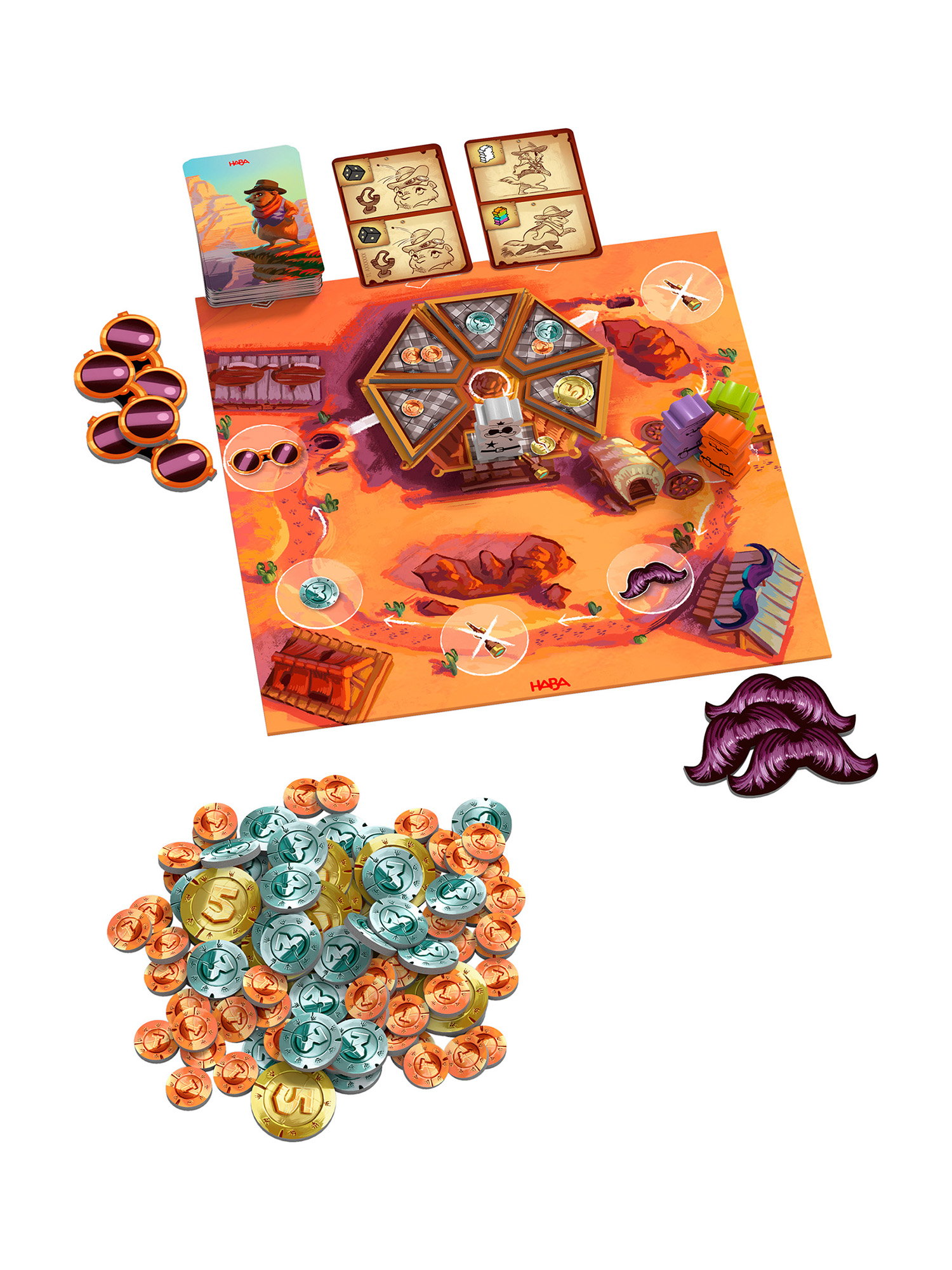 Ein Brettspiel mit Karten, Münzen, Schnurrbärten und Spielfiguren auf einem Wüsten-Themenbrett. Sonnenbrillen und ein Kartenstapel sind sichtbar.
