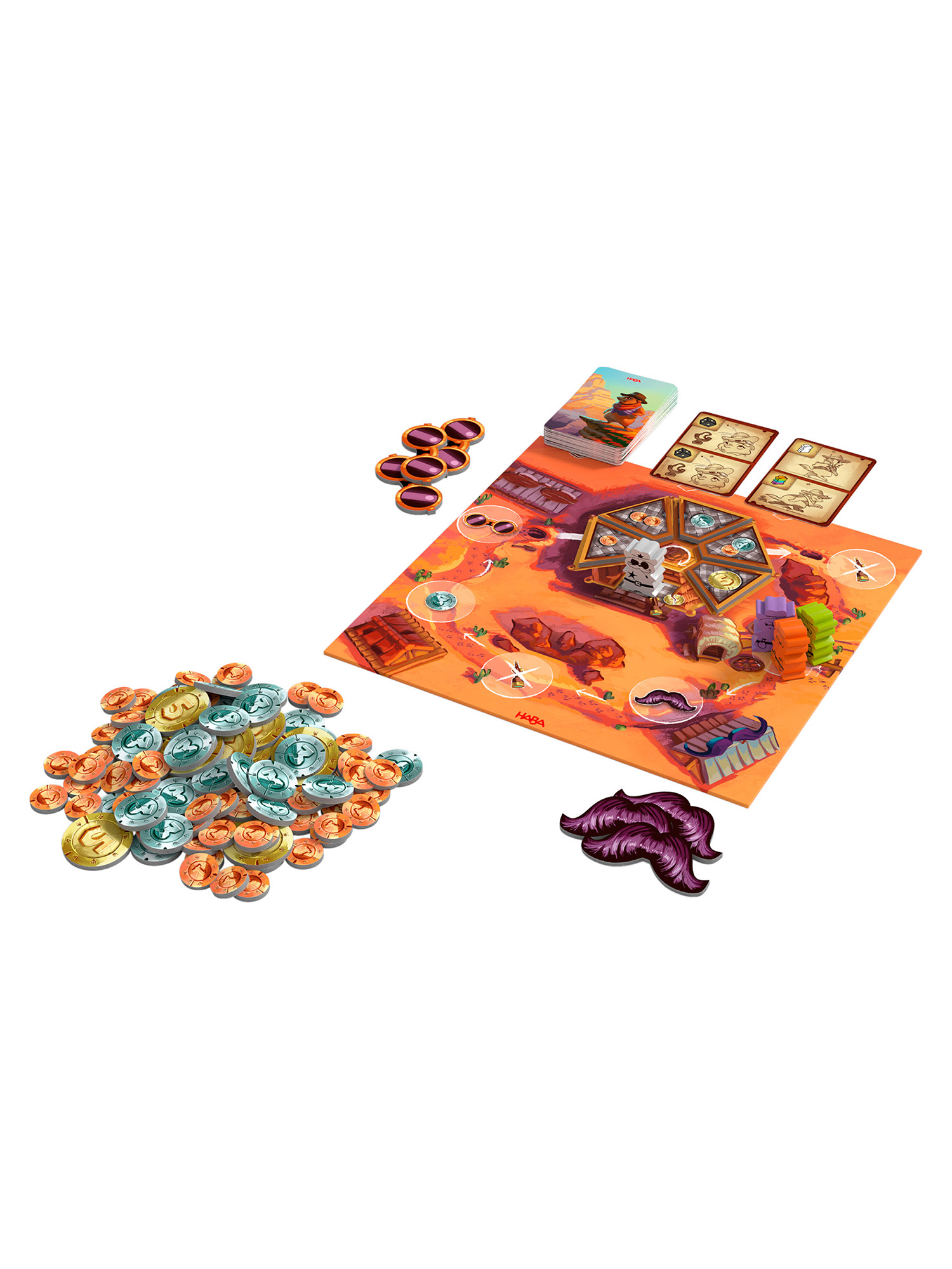 Brettspiel mit Karten, Münzen und Spielfiguren. Das Spielbrett ist orange mit Wüstenmotiv. Münzen sind gold, silber und orange.