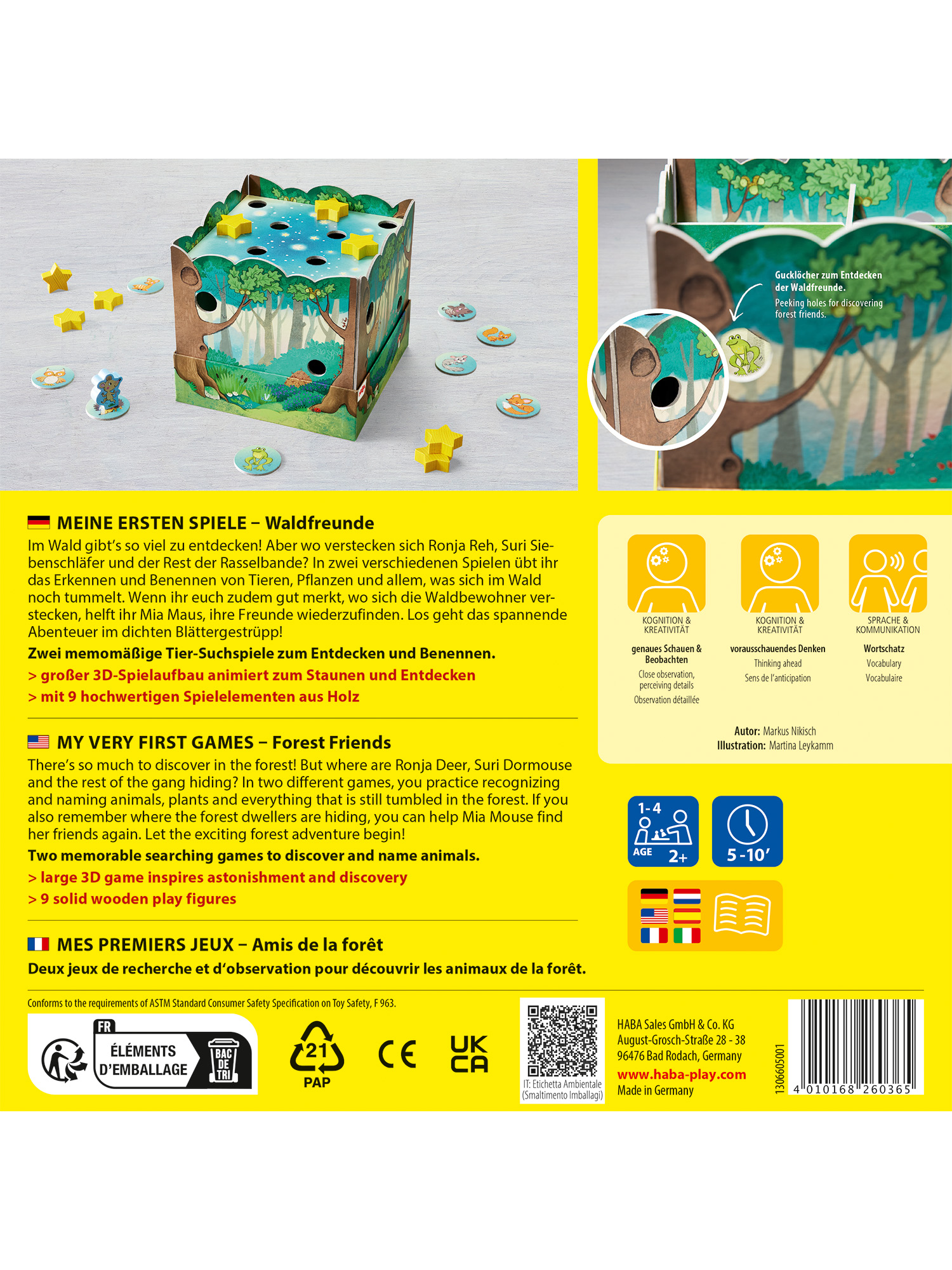 Ein Spielkasten im Waldthema mit Holzformen und Tier-Chips. Kinder spielen und lernen über Tiere im Wald.
