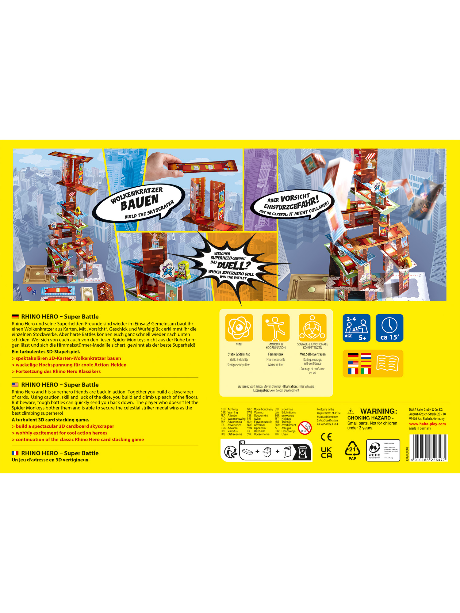 Schachtelkunst: Rhino Hero-Spiel. Gebäude und Superhelden werden dargestellt, mit Text in mehreren Sprachen.