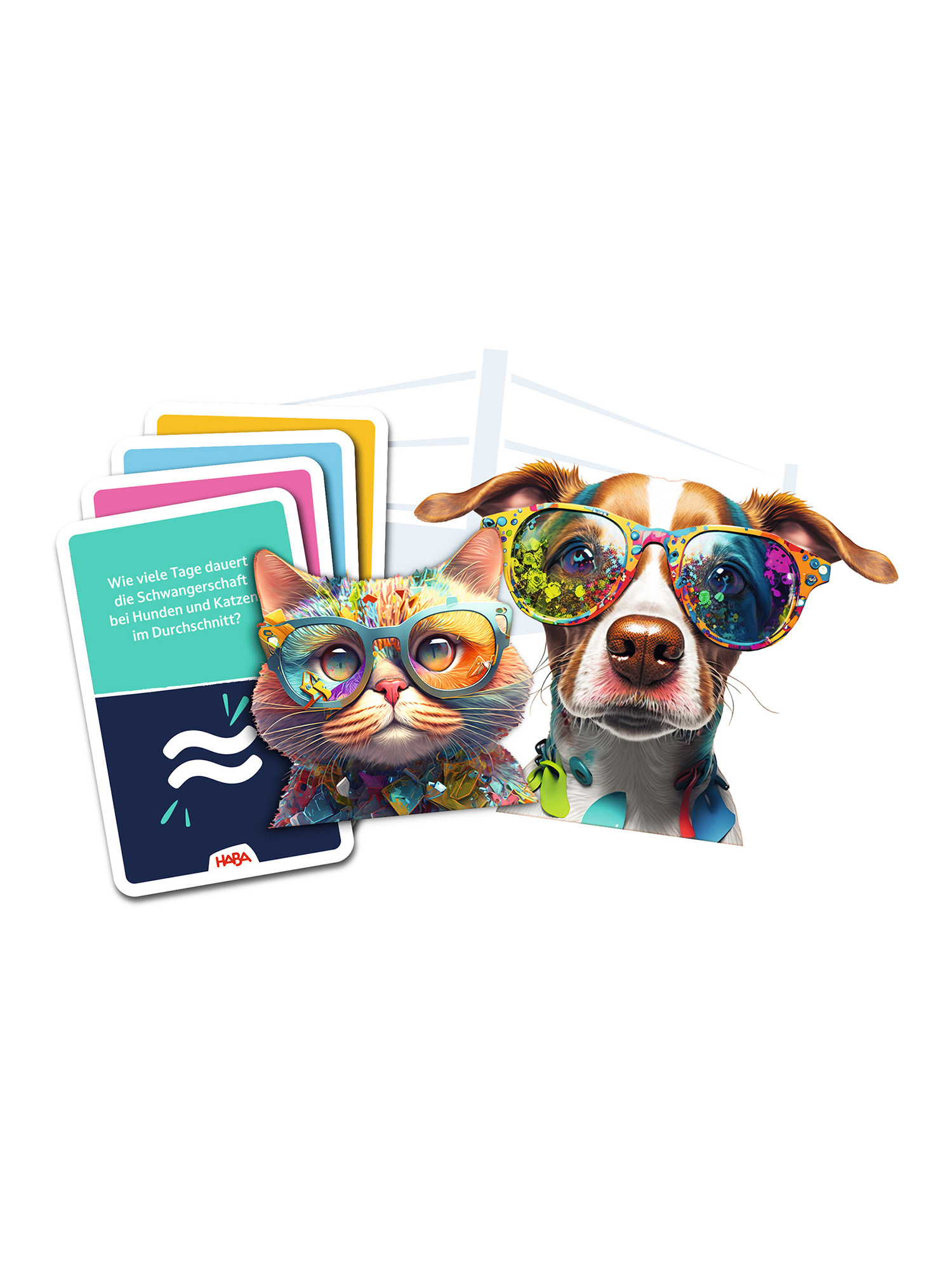 Eine Katze und ein Hund mit Sonnenbrille neben Karten. Die Brillen zeigen bunte Muster und die Karten Text.