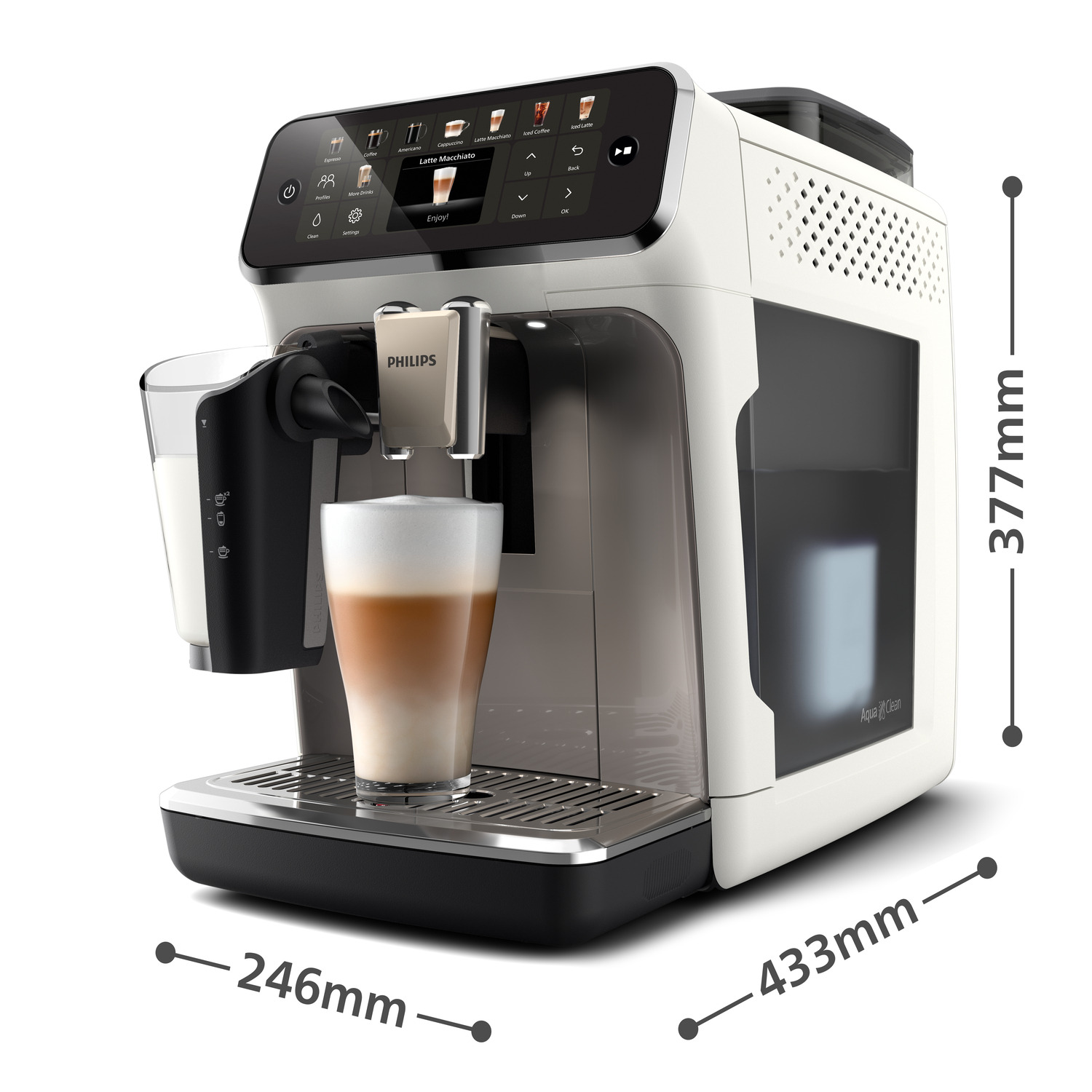 Biało-szary ekspres do kawy Philips robiący latte macchiato. Wymiary: 246mm, 433mm, 377mm. Pojemnik na mleko po lewej stronie.