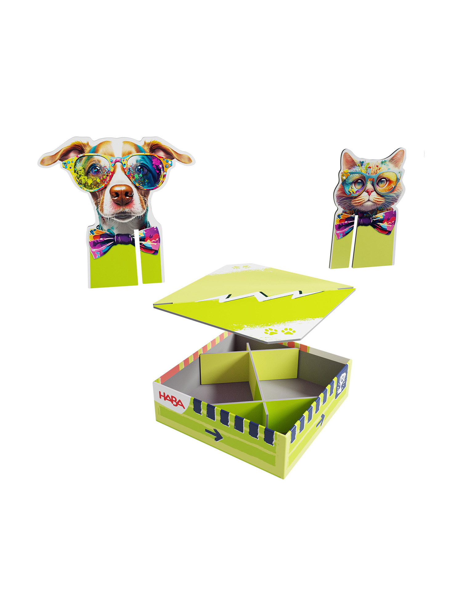 Ein Hund und eine Katze mit Brille und Fliege stehen neben einer offenen Box. Die Box hat Fächer. Das HABA-Logo ist sichtbar.