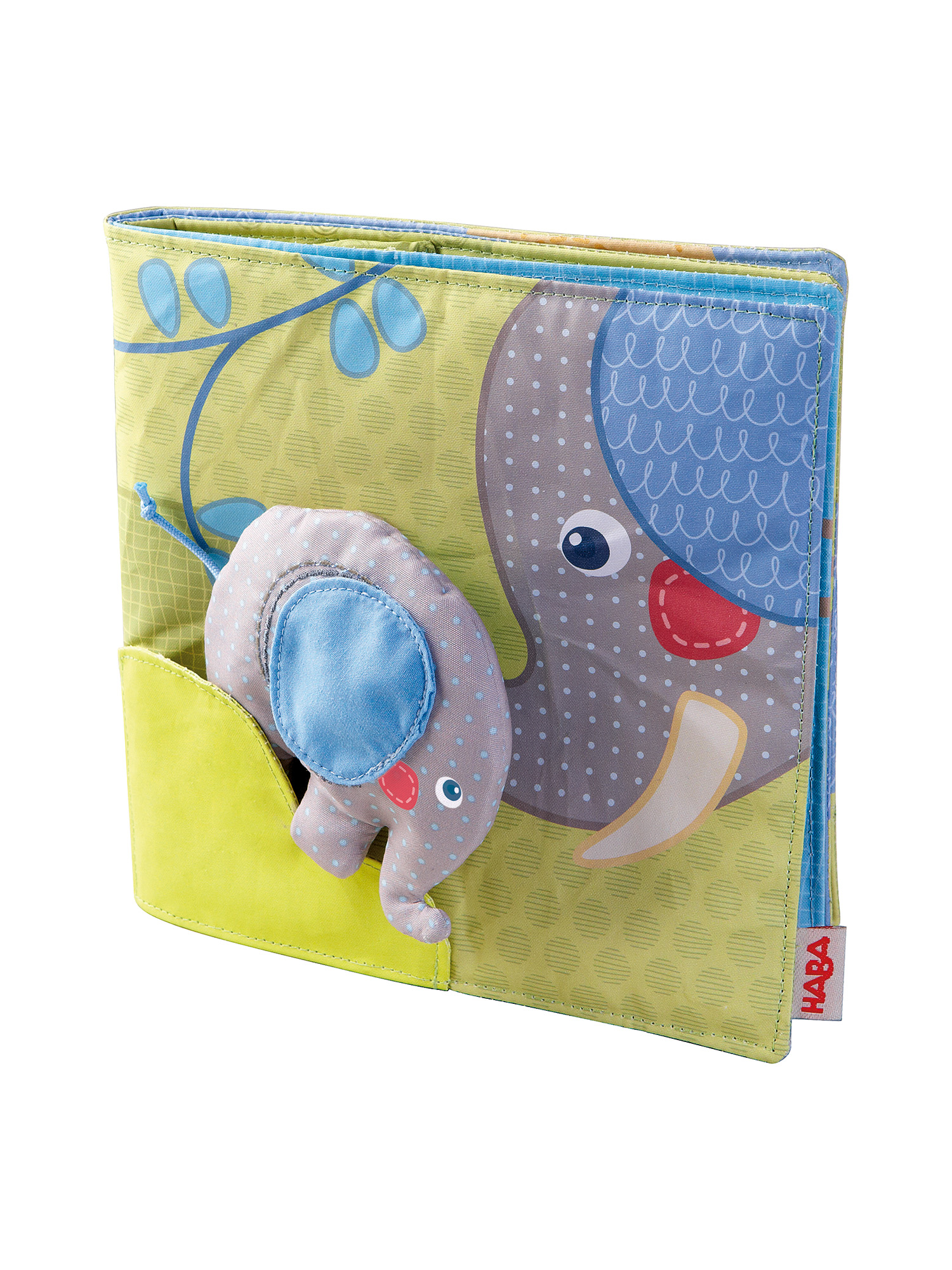 Ein weiches Buch mit Elefantenmotiv. Es hat eine Tasche mit einem kleinen Elefantenspielzeug.