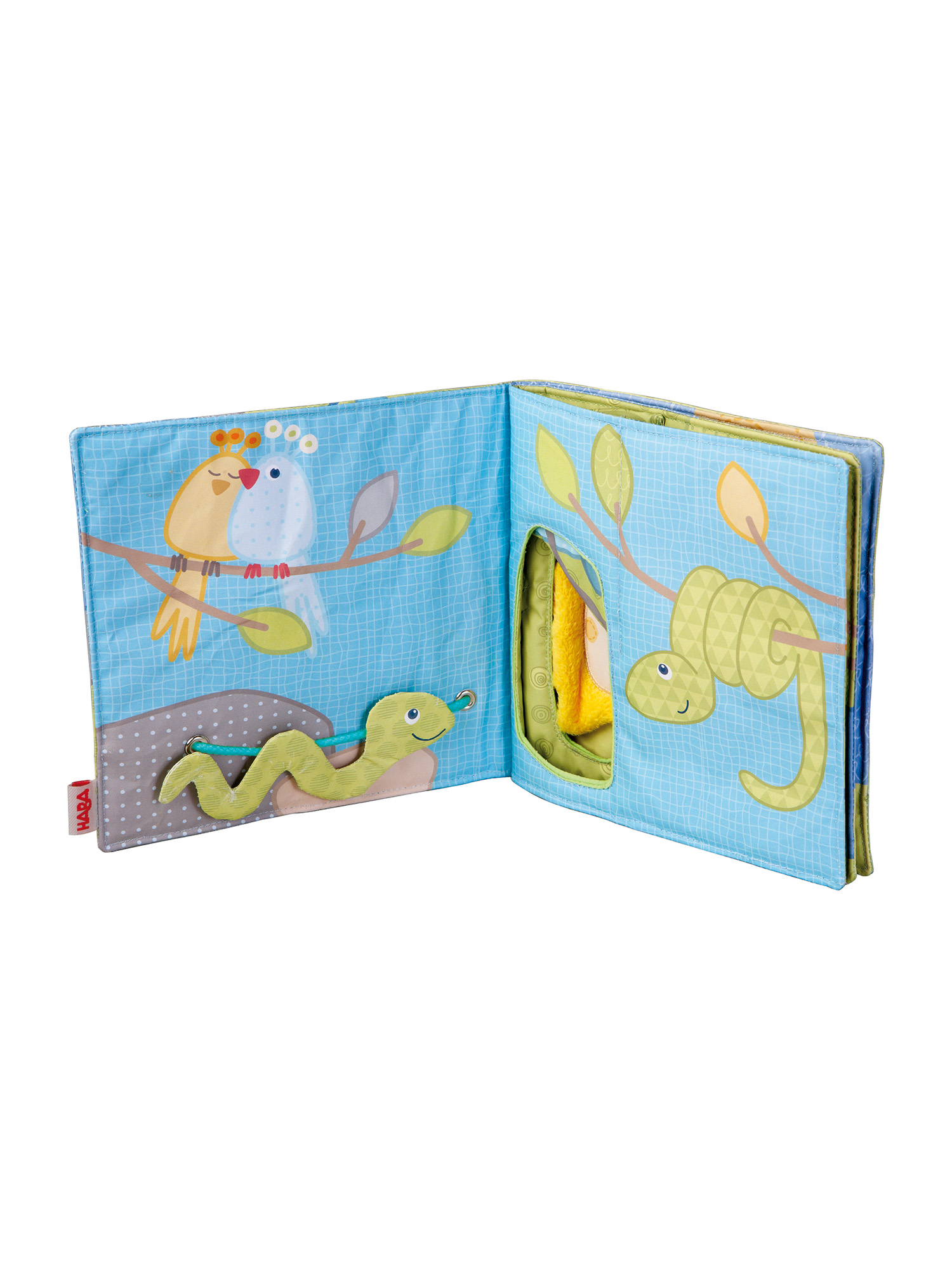 Ein offenes Stoffbuch für Kinder. Es zeigt Vögel und eine Schlange. Das Buch ist blau und hat Cartoon-Illustrationen.