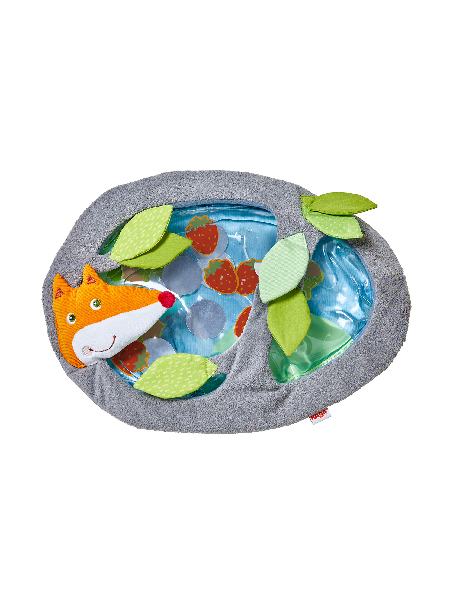 Ein Fuchspielzeug mit blauem, wassergefülltem Bereich. Erdbeeren und Blätter umgeben den Fuchs. Grauer Rand um das Spielzeug.