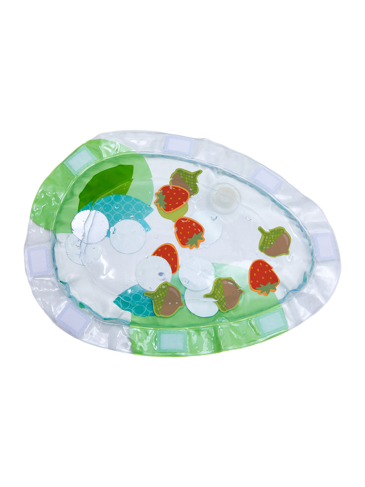 Eine aufblasbare Babymatte mit bunten Obst- und Blattmotiven. Erdbeeren und Eicheln schwimmen darin, umgeben von einem grünen Rand.