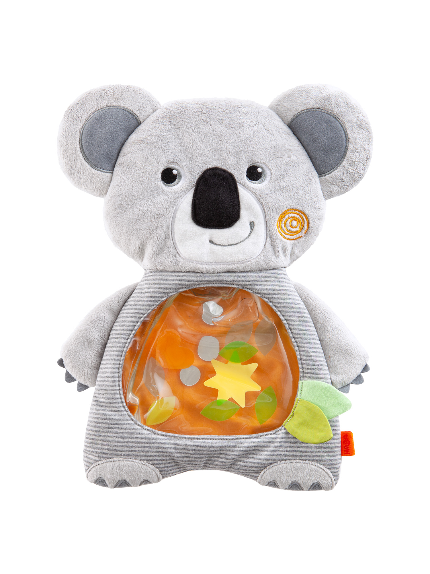 Ein Plüsch-Koala-Spielzeug mit einem durchsichtigen Bauch, gefüllt mit orangefarbenen Formen und grünen Blättern, vor weißem Hintergrund.