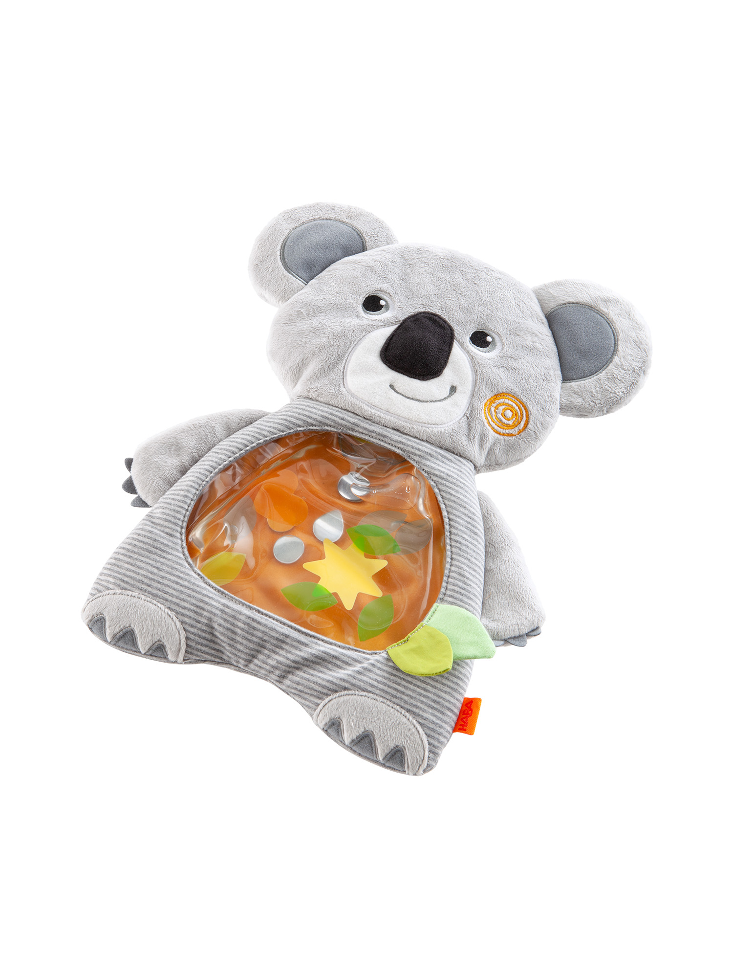 Ein babyförmiges Koala-Spielzeug mit einem wassergefüllten Bauch. Es enthält schwimmende Formen in orangener Flüssigkeit. Das Spielzeug ist grau und weiß.