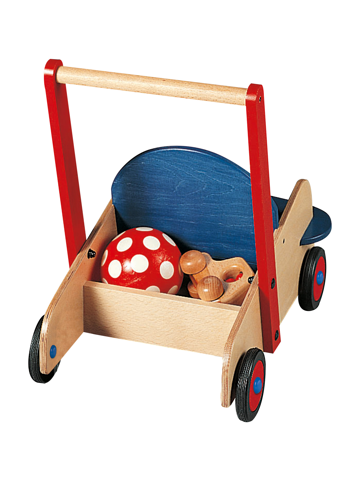 Holzspielzeug-Walker mit roten und blauen Akzenten, mit einem roten Ball mit weißen Punkten und anderem Holzspielzeug.