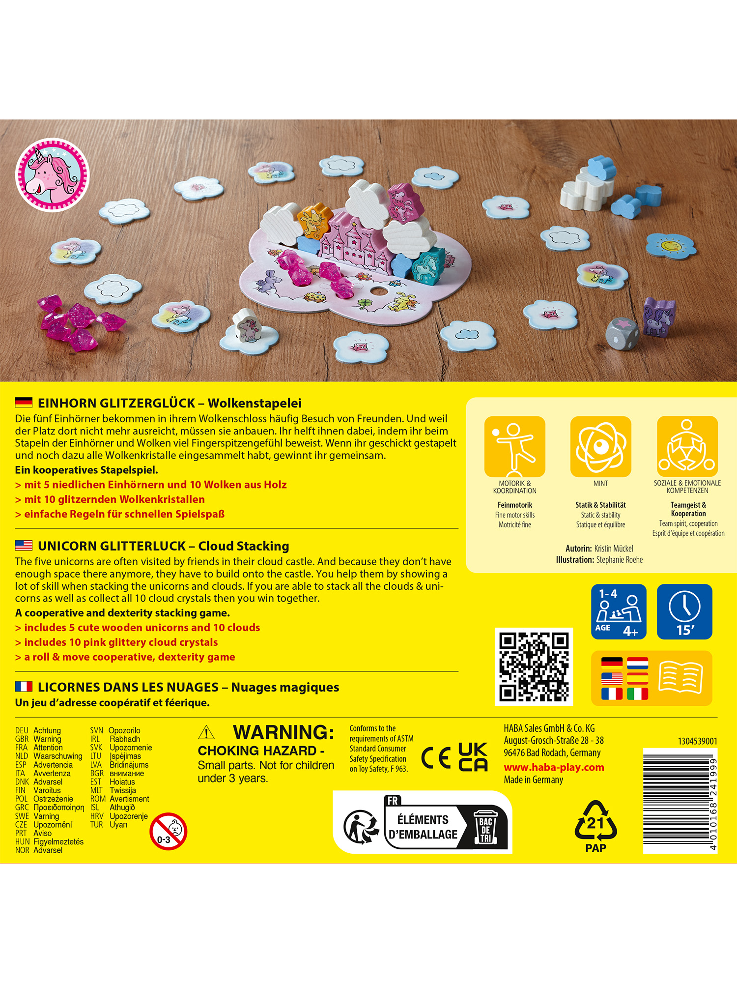 Spielbox mit Einhörnern, Wolken und Kristallen. Enthält Spielanleitung und Warnung vor Kleinteilen.