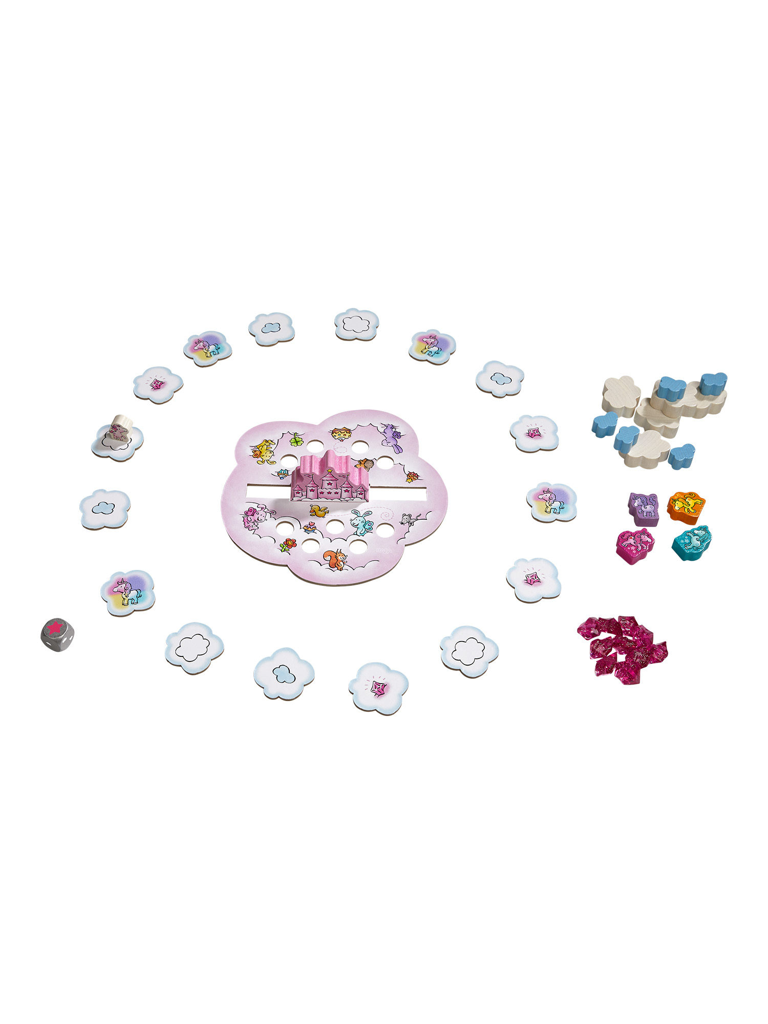 Ein Brettspiel-Setup mit wolkenförmigen Teilen, einem zentralen Brett, Würfeln und Spielmarken. Rosa und blaue Farben dominieren die Szene.