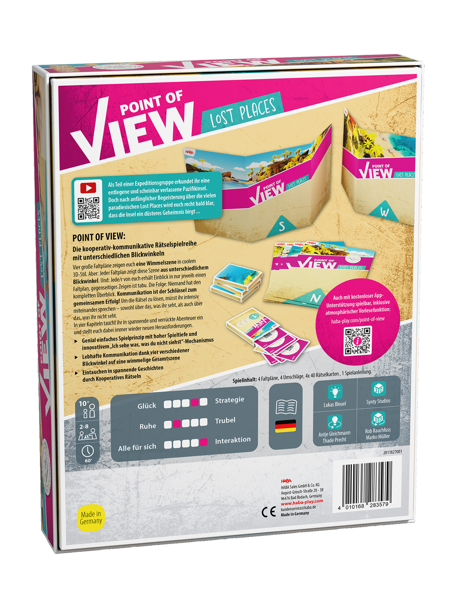 Schachtel des Spiels 'Point of View: Lost Places'. Enthält Spielelemente und Text. Hintergrund zeigt Strand- und Inselmotive.