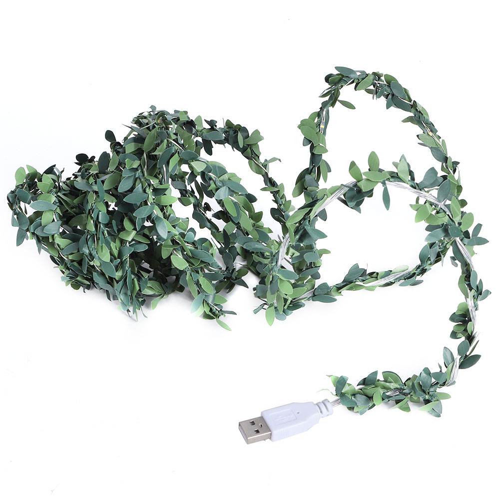 Ein grüner Blätterkranz mit USB-Anschluss liegt auf weißem Untergrund. Die Blätter haben verschiedene Grüntöne.