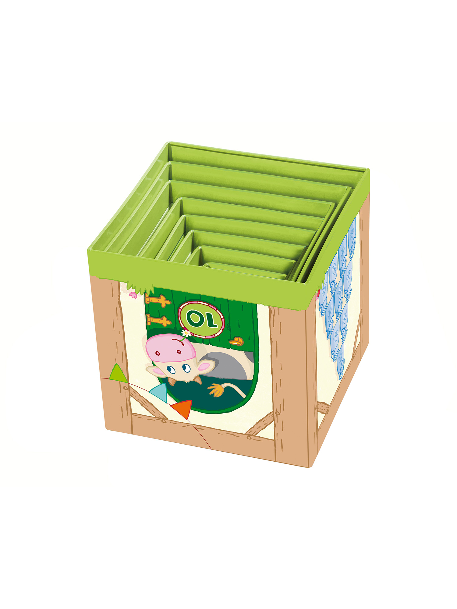 Ein kastenförmiges Spielzeug mit einer Kuhillustration und einem grünen Dach. Die Box hat ein Labyrinth im Inneren. Der Hintergrund ist weiß.
