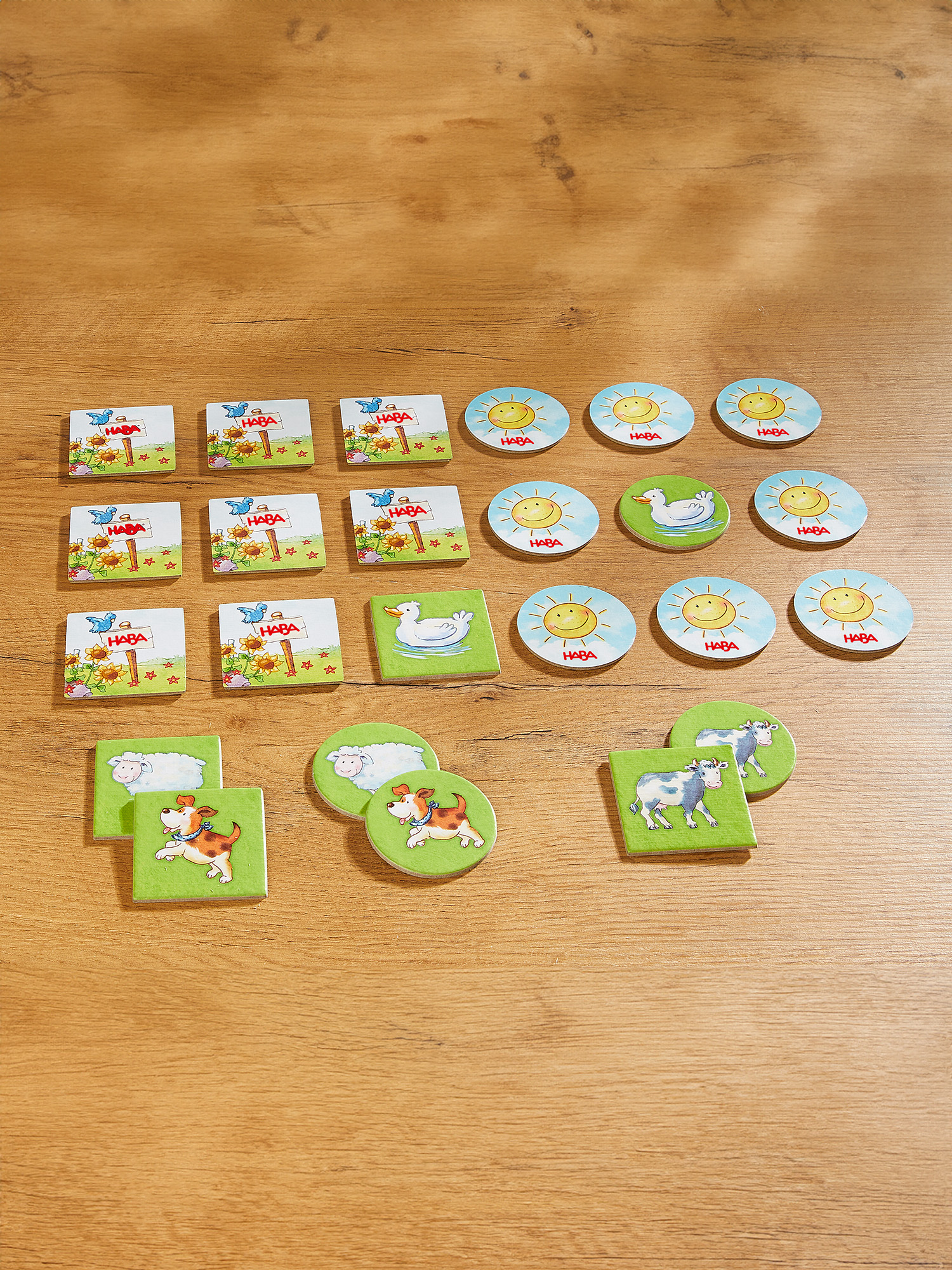 Holztisch mit verschiedenen bunten Spielsteinen, darunter Sonnen, Enten, Schafe, Hunde, Kühe und Schilder mit Blumen und Vögeln.
