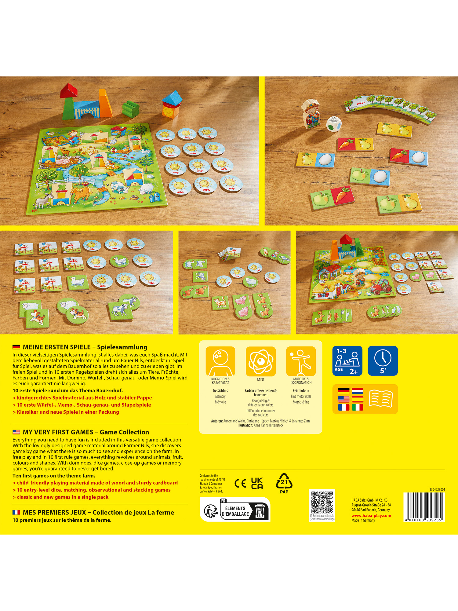 Eine Spielbox mit farbenfrohen Illustrationen einer Bauernhofszene, mit Tieren, Früchten und Spielsteinen.