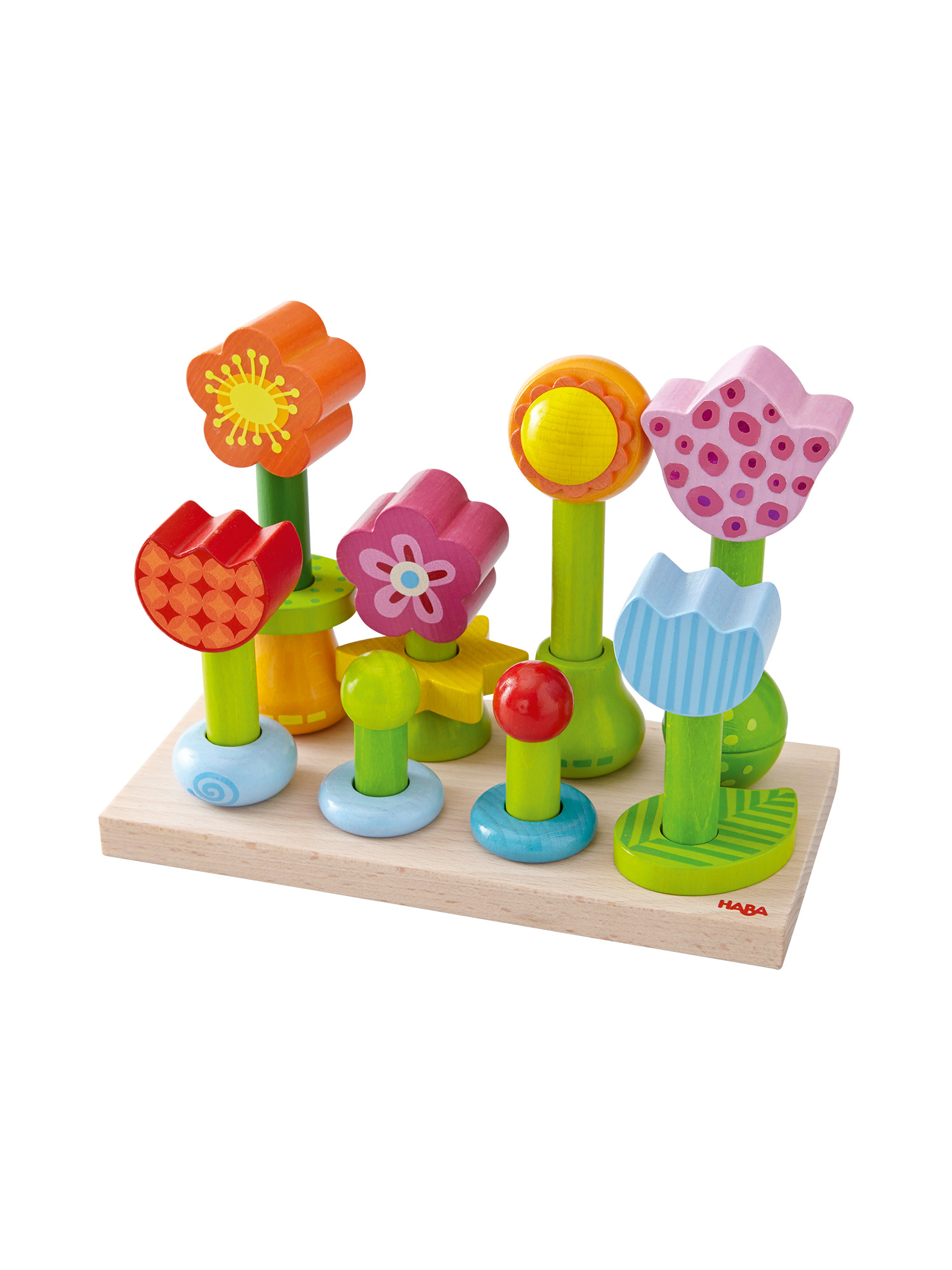 Holzspielzeug mit bunten Blumen auf Holzsockel. Blumen sind orange, rot, rosa, gelb und blau. Grüne Stiele, blaue Ringe.