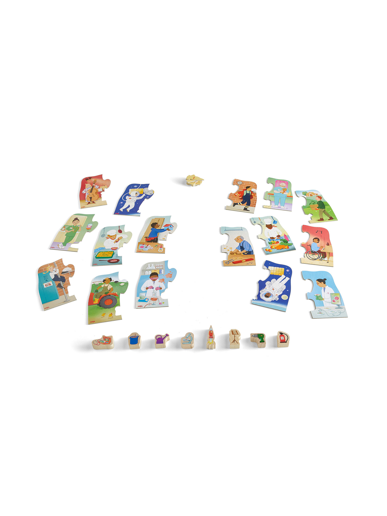 Auf weißem Hintergrund Puzzleteile, die verschiedene Berufe darstellen. Kleine Holzfiguren, wie Werkzeuge, unten.