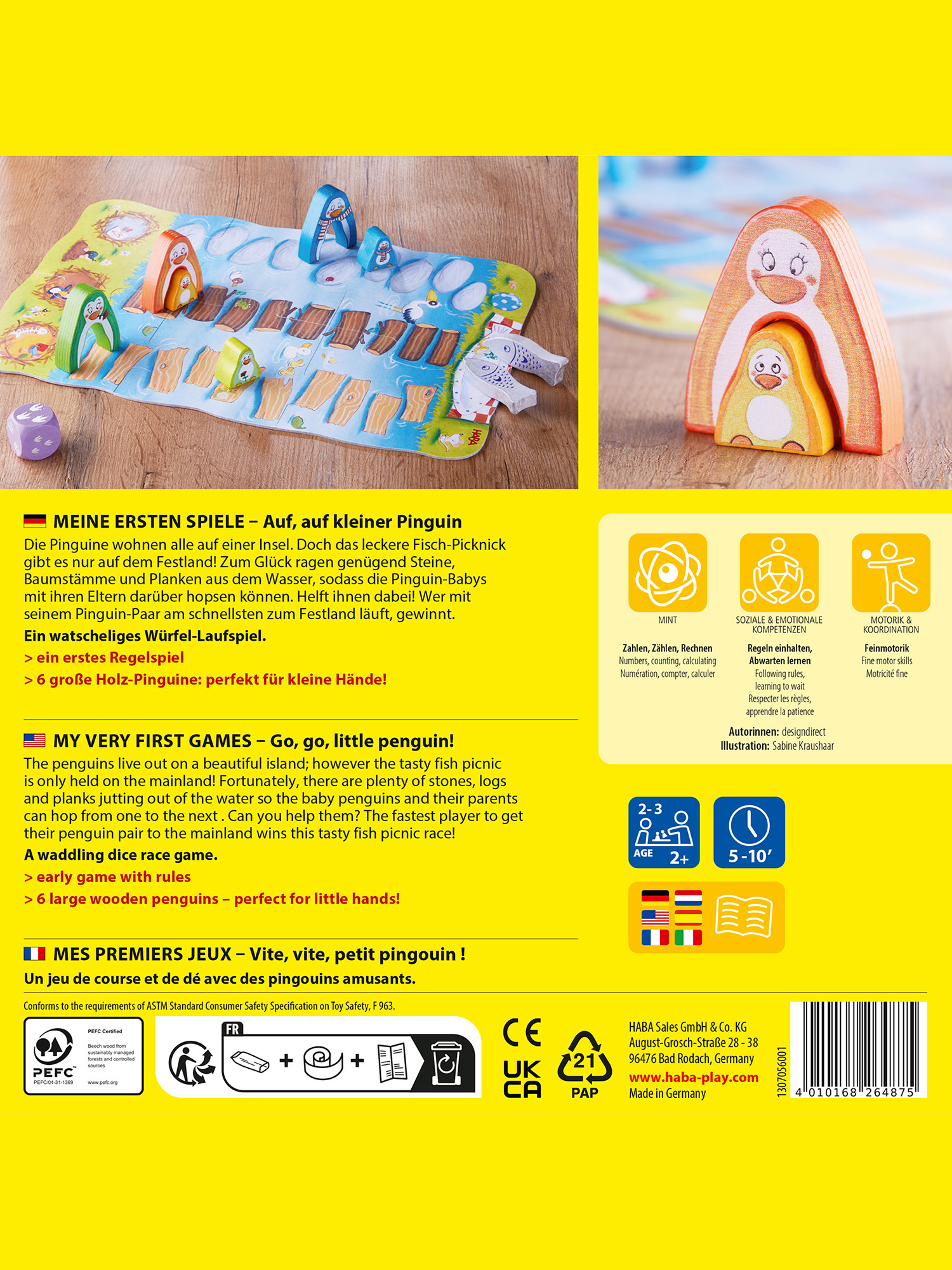 Spielbrett mit Pinguinen, Würfeln und Holzbrücken. Pinguine rennen über die Brücken. Buntes und verspieltes Design.